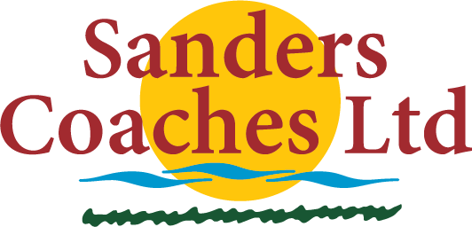 Logo of Sanders Coaches Ltd with a yellow sun, blue waves, and green text.