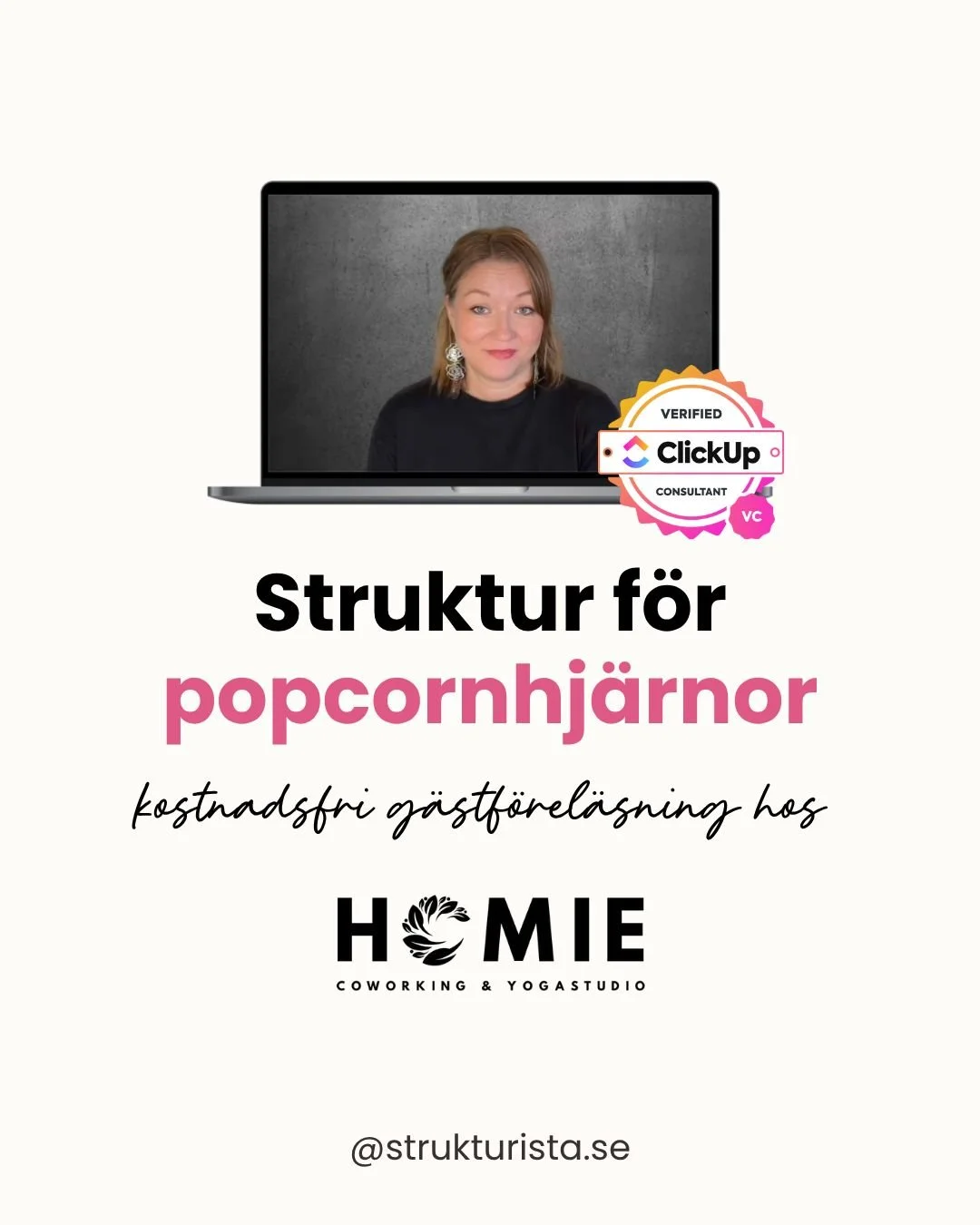 Jag har blivit inbjuden som g&auml;stf&ouml;rel&auml;sare hos @homiestudio.se!

I n&auml;sta vecka kommer jag och f&ouml;rel&auml;ser om hur du kan anv&auml;nda ClickUp f&ouml;r att skapa struktur i ditt f&ouml;retag. Varmt v&auml;lkommen att h&auml;
