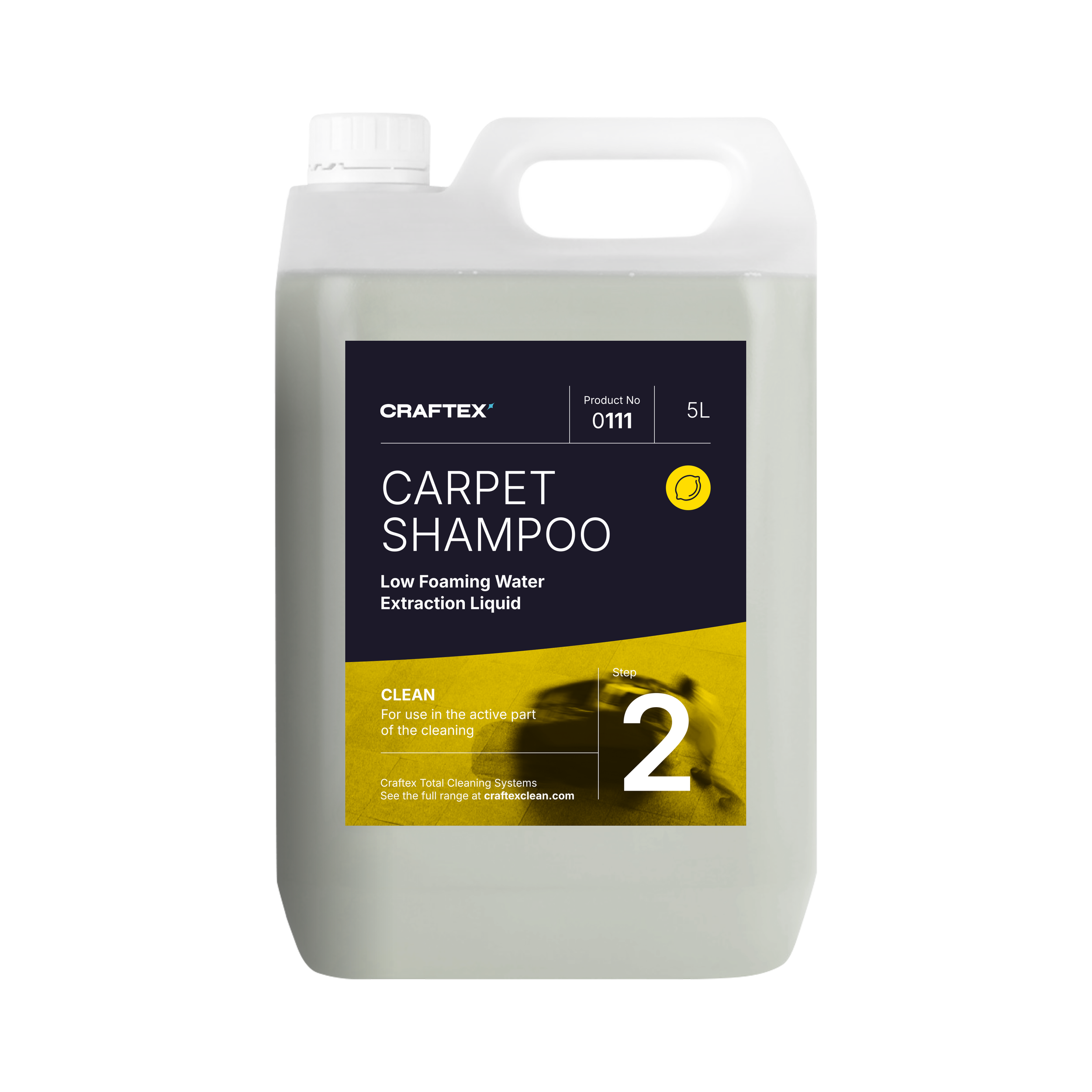 5-liter bottle of Craftex carpet shampoo with a black label featuring yellow accents and white text, indicating low foaming water extraction liquid for cleaning carpets, step 2.