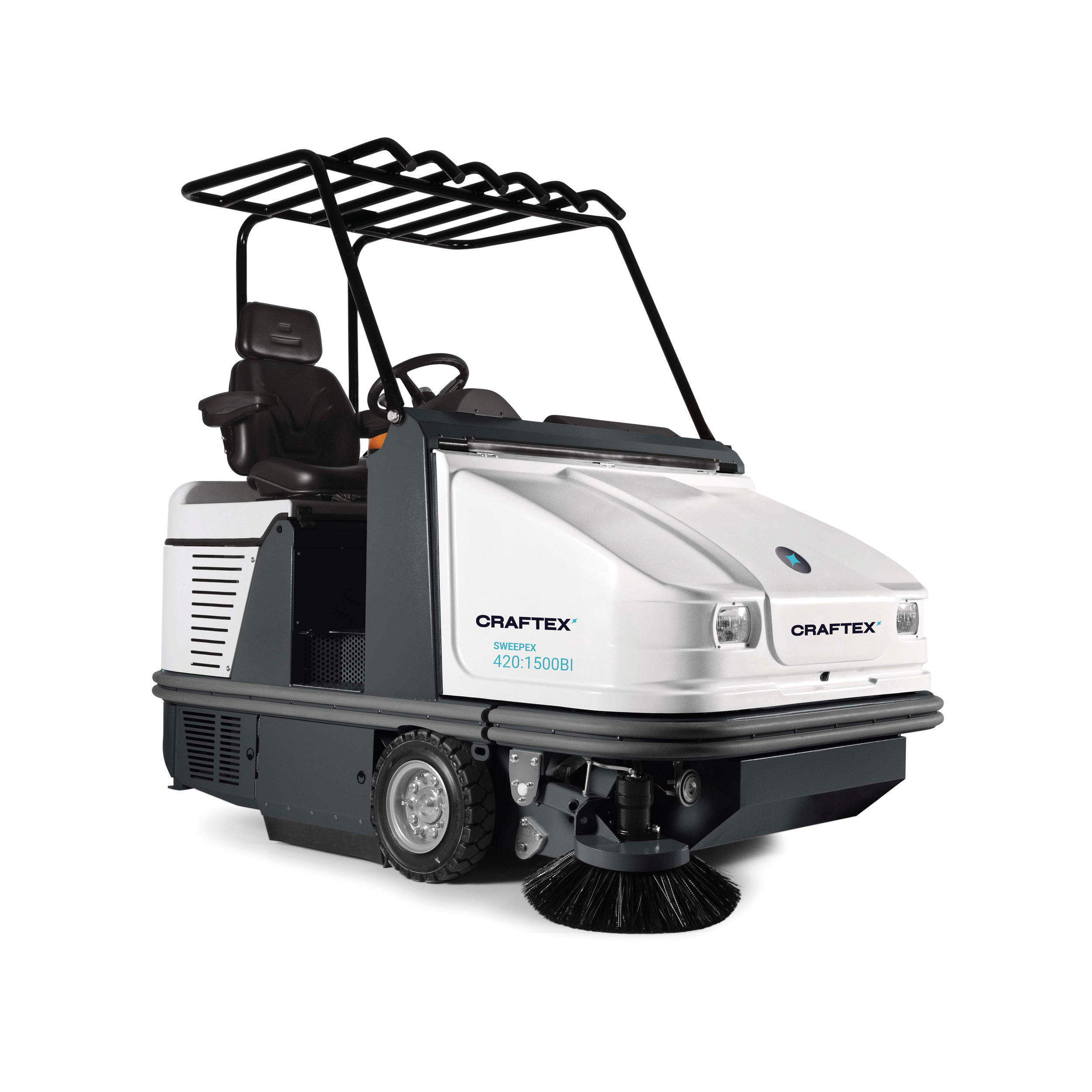 Automated floor sweeper machine with black brush in front, black seat, and overhead frame, branded Craftex.