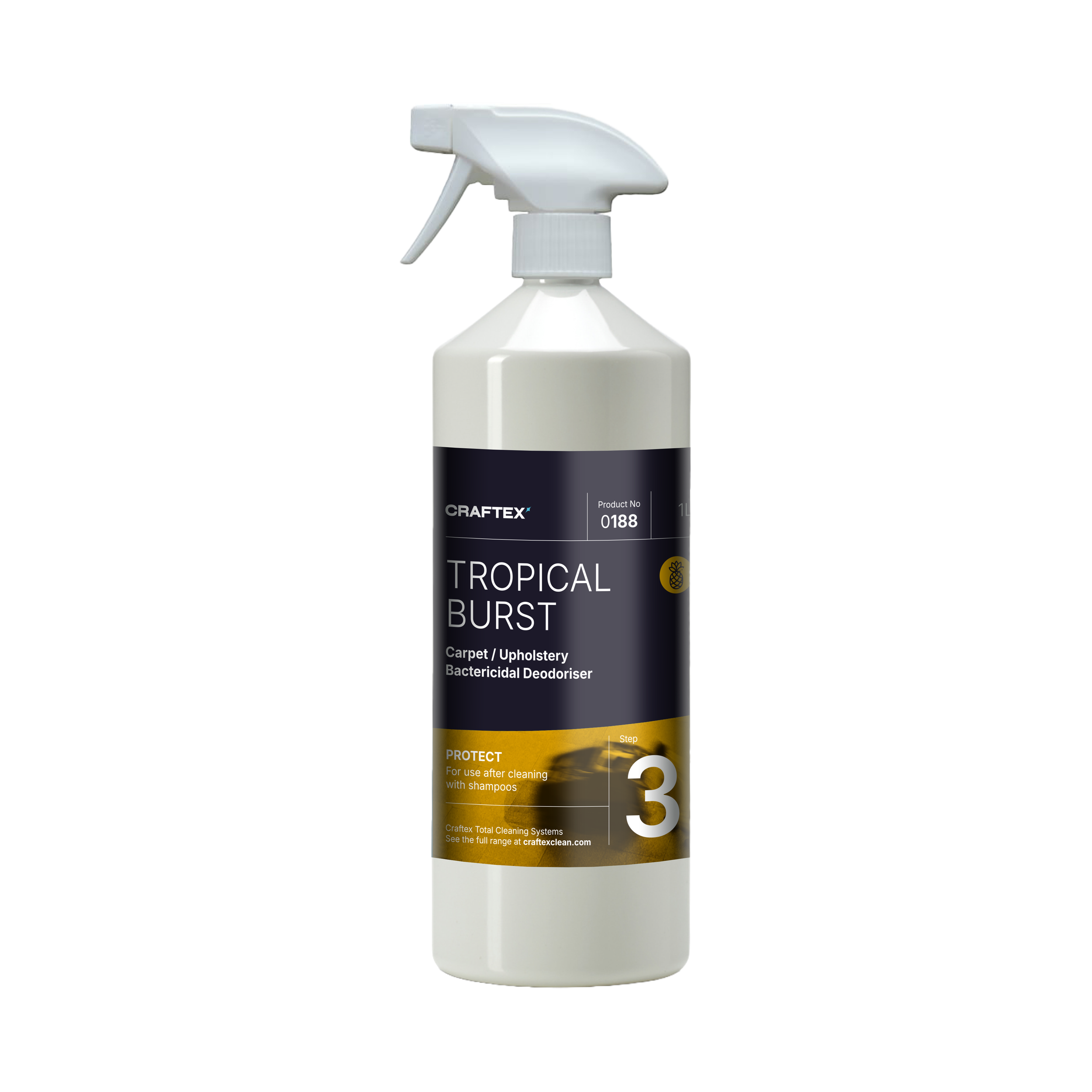 White spray bottle labeled 'Tropical Burst Carpet/Upholstery Bactericidal Deodorizer' with a black and gold label, featuring the number 3 and the word 'PROTECT'.