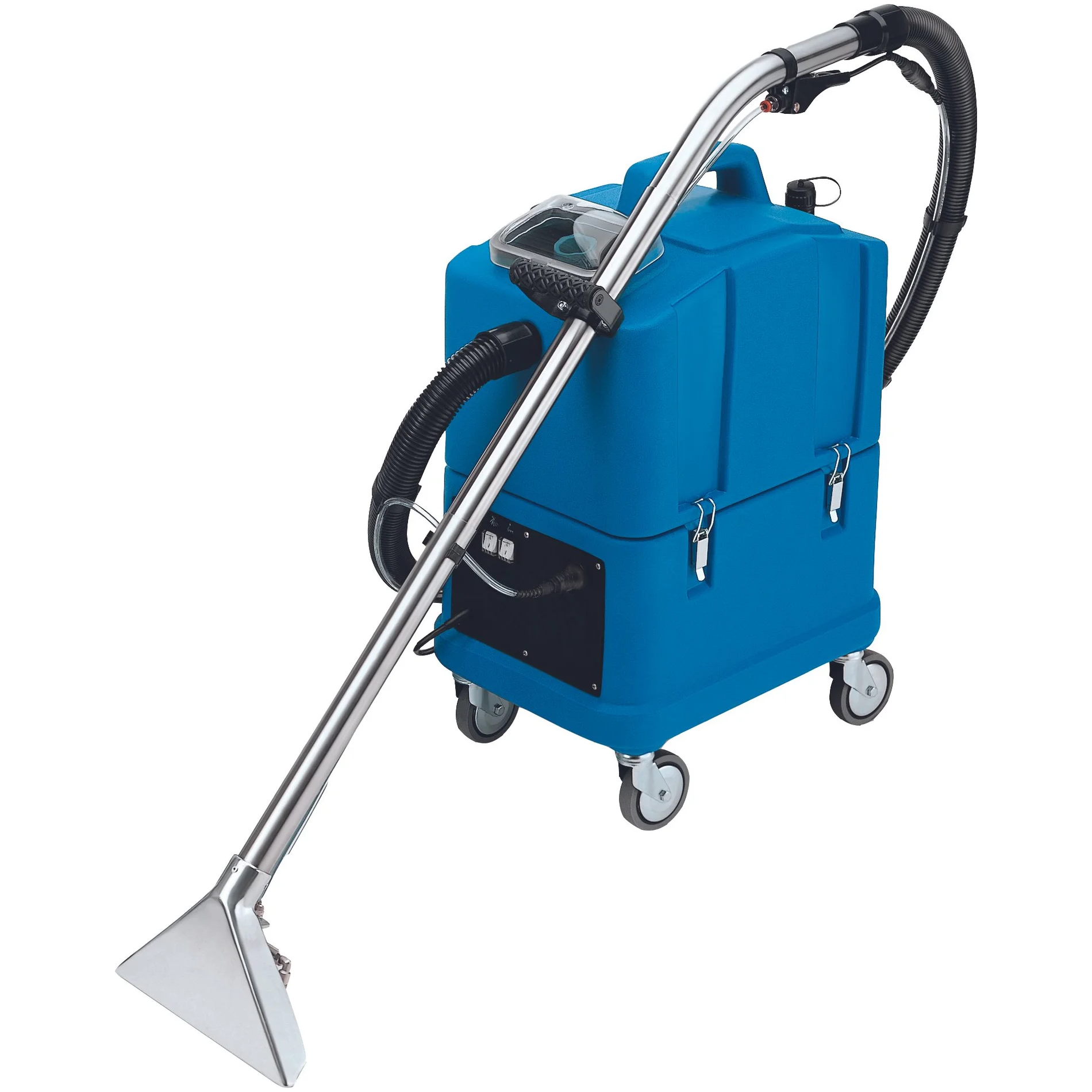 A blue industrial steam or cleaning machine with a long metal wand and black hose, mounted on a wheeled base.