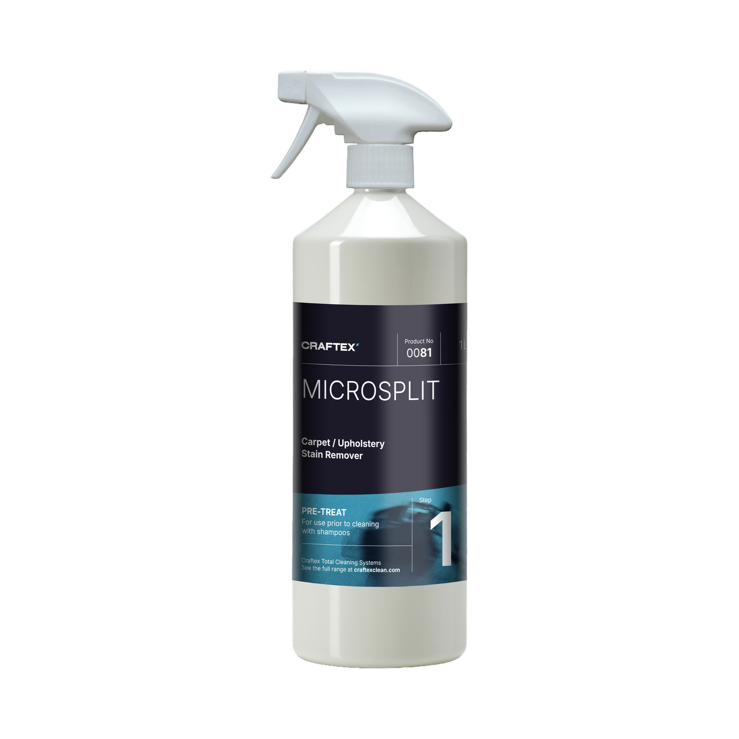 A white spray bottle labeled Craftex Microsplit Carpet Upholstery Stain Remover with a spray nozzle, positioned against a black background.