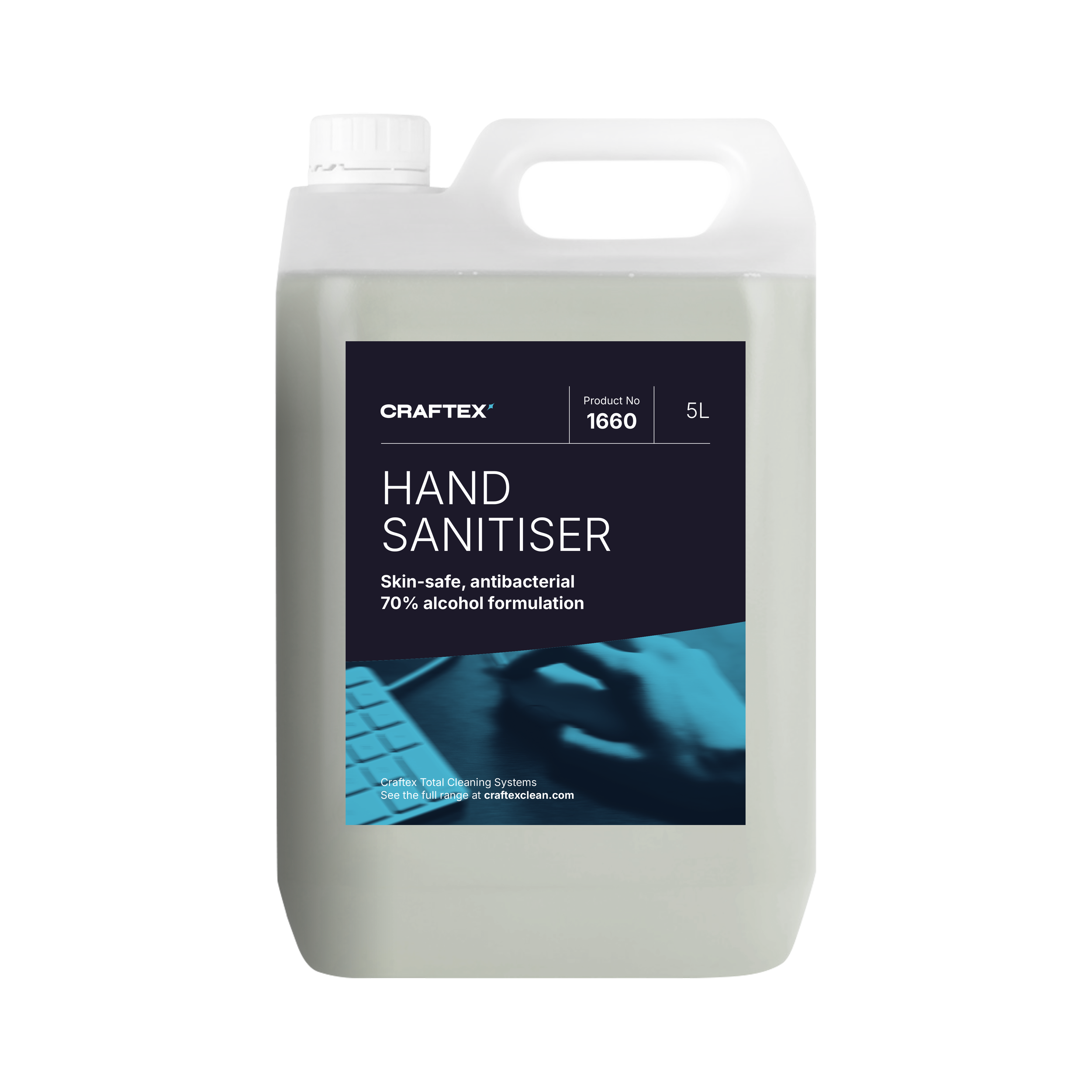 5-liter bottle of Craftex hand sanitizer with label indicating skin-safe, antibacterial, 70% alcohol formula.