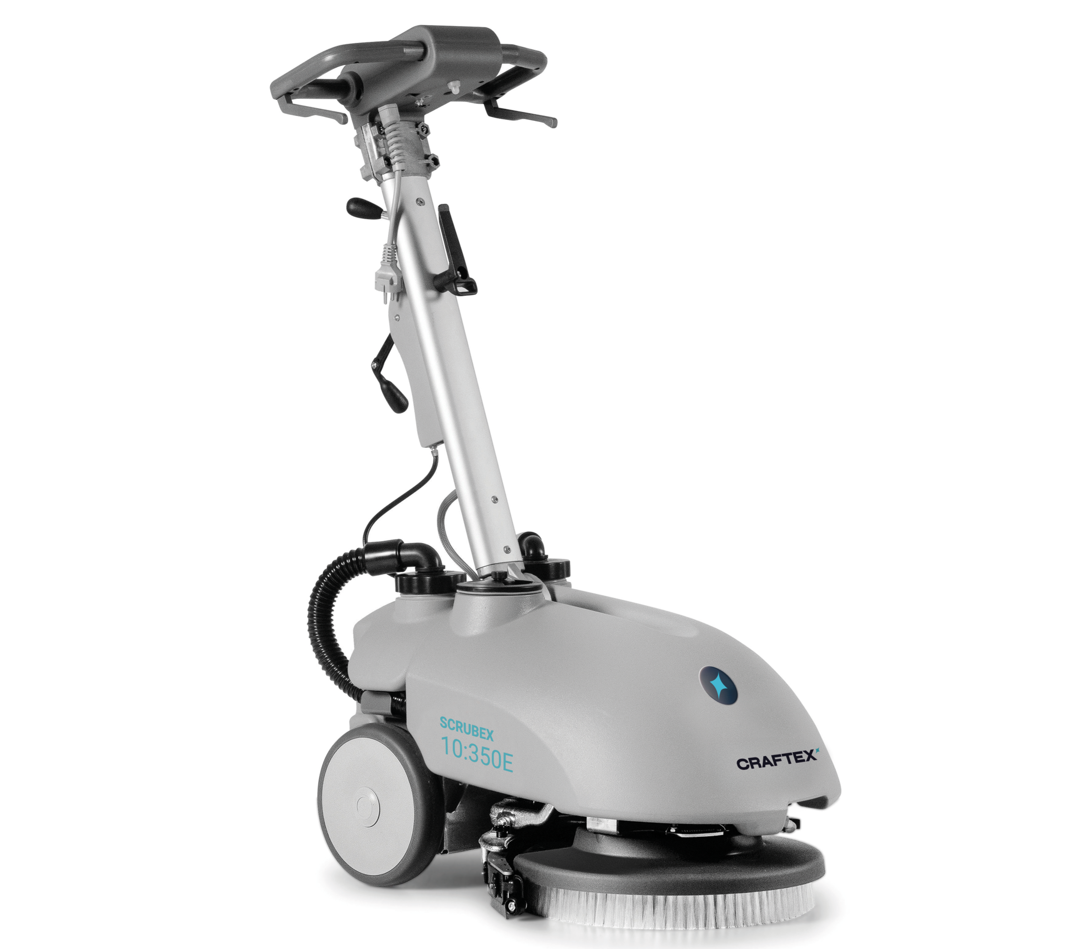 A gray industrial floor scrubber machine with black and blue accents, labeled CRAFTEX SCRUBEX 10:350E, featuring wheels, a handle, and a circular scrub brush at the front.