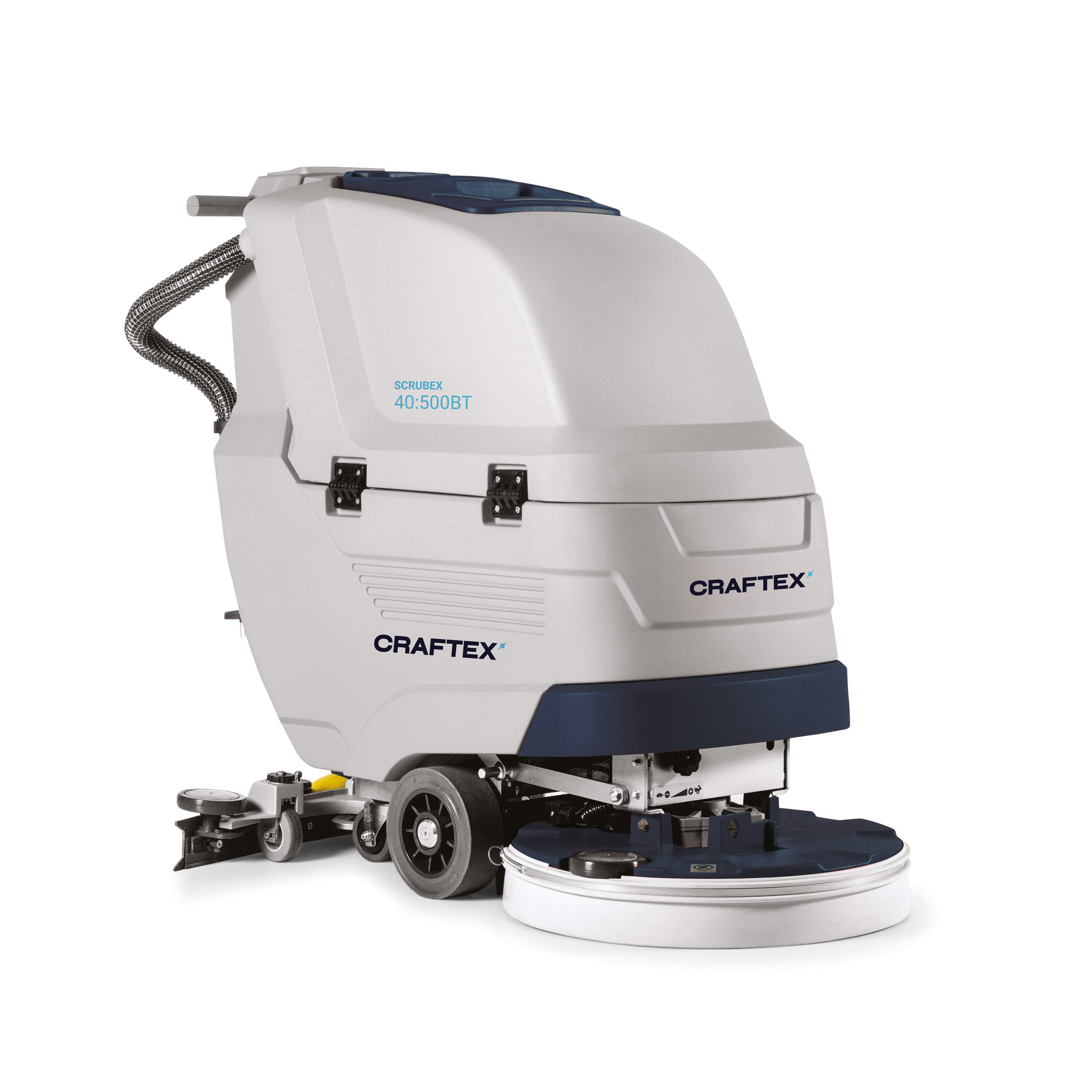 Commercial floor cleaning machine with brand 'Craftex' and model '40:500BT' in white and blue.