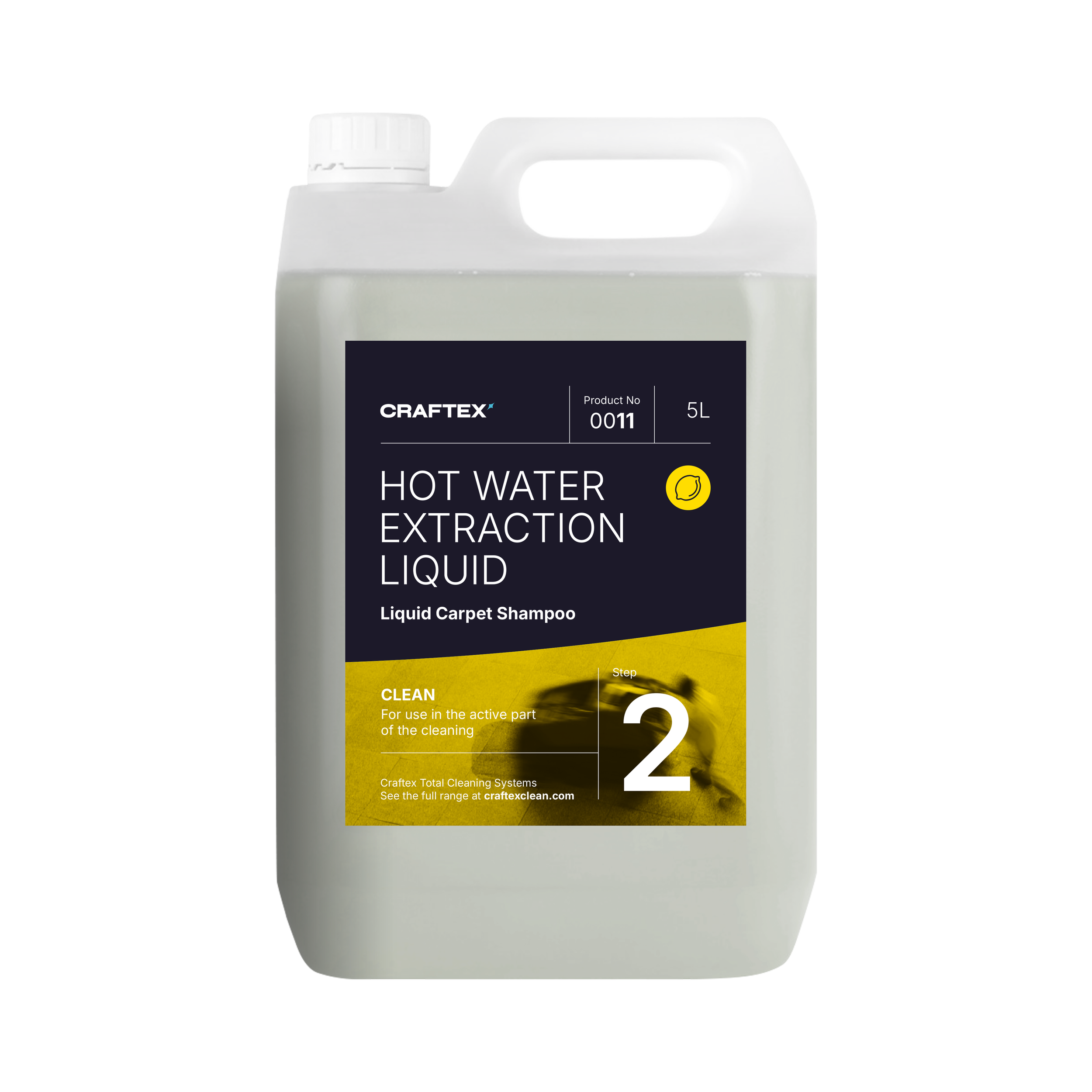 White 5-liter container of Craftex Hot Water Extraction Liquid Carpet Shampoo with a black and yellow label.