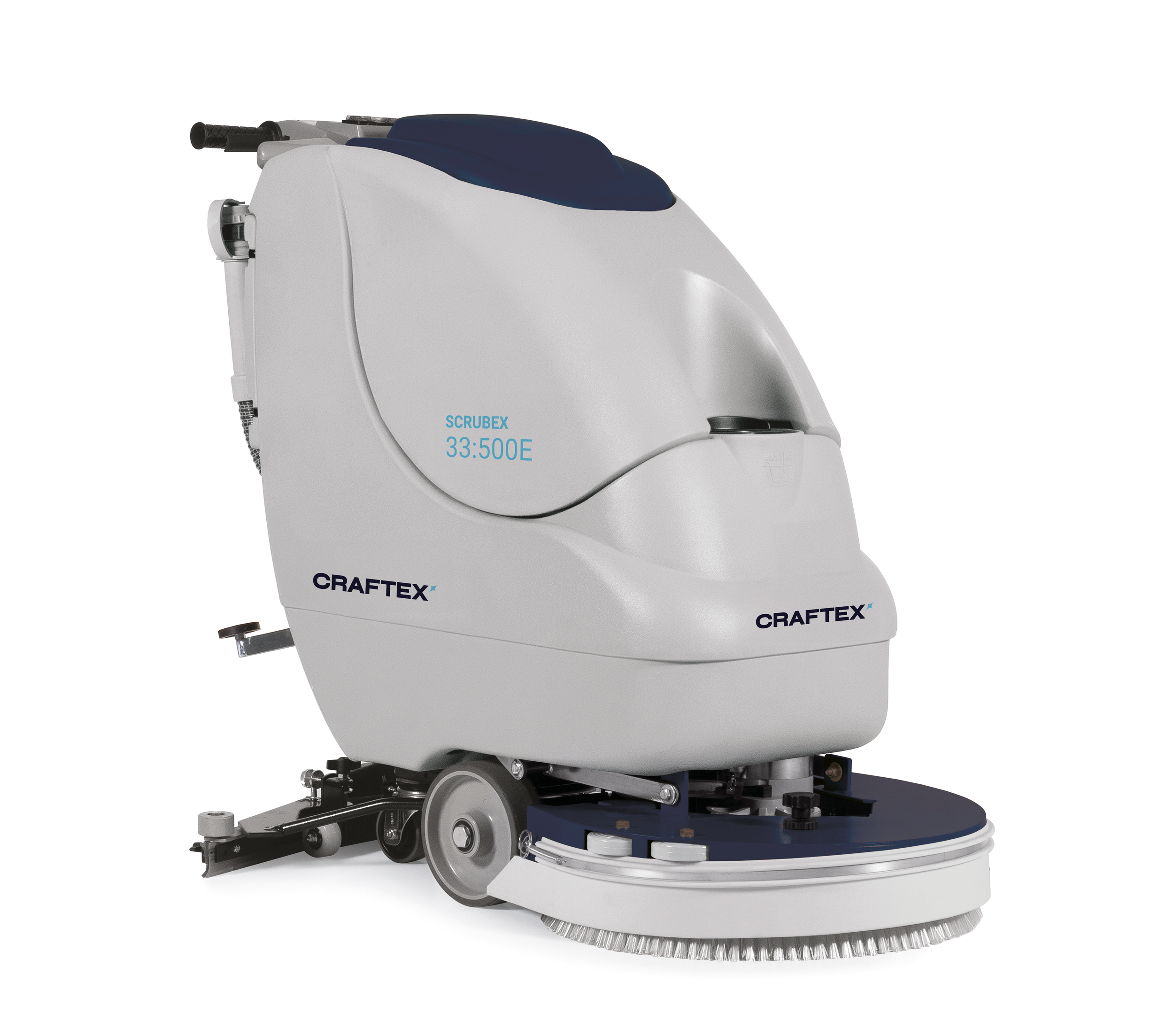 A floor cleaning machine labeled Craftex SCRUBEX 33:500E with a circular scrubbing brush, gray body, and blue accents.