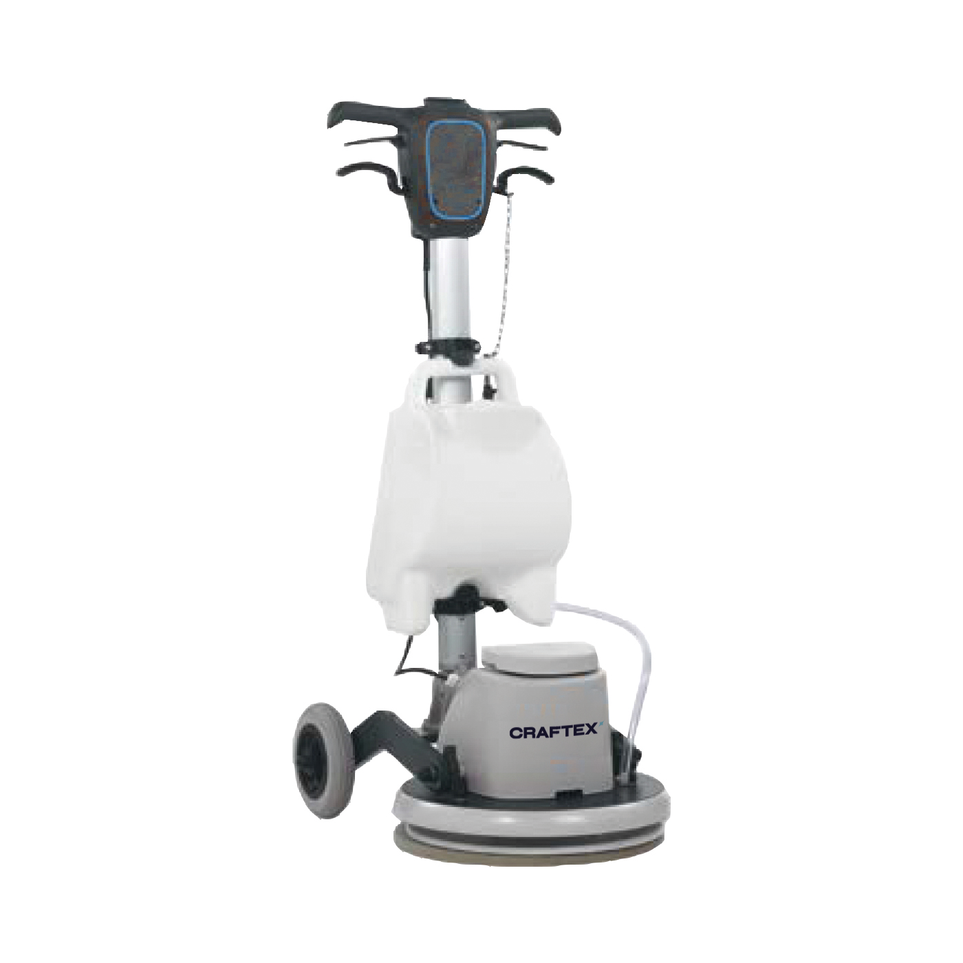 Corded CRAFTEX floor cleaning machine with white and gray body, black handle, and two small black wheels.