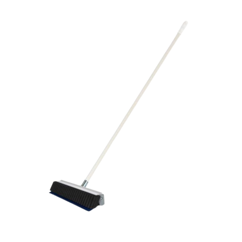 A push broom with a blue and black handle and white bristles.