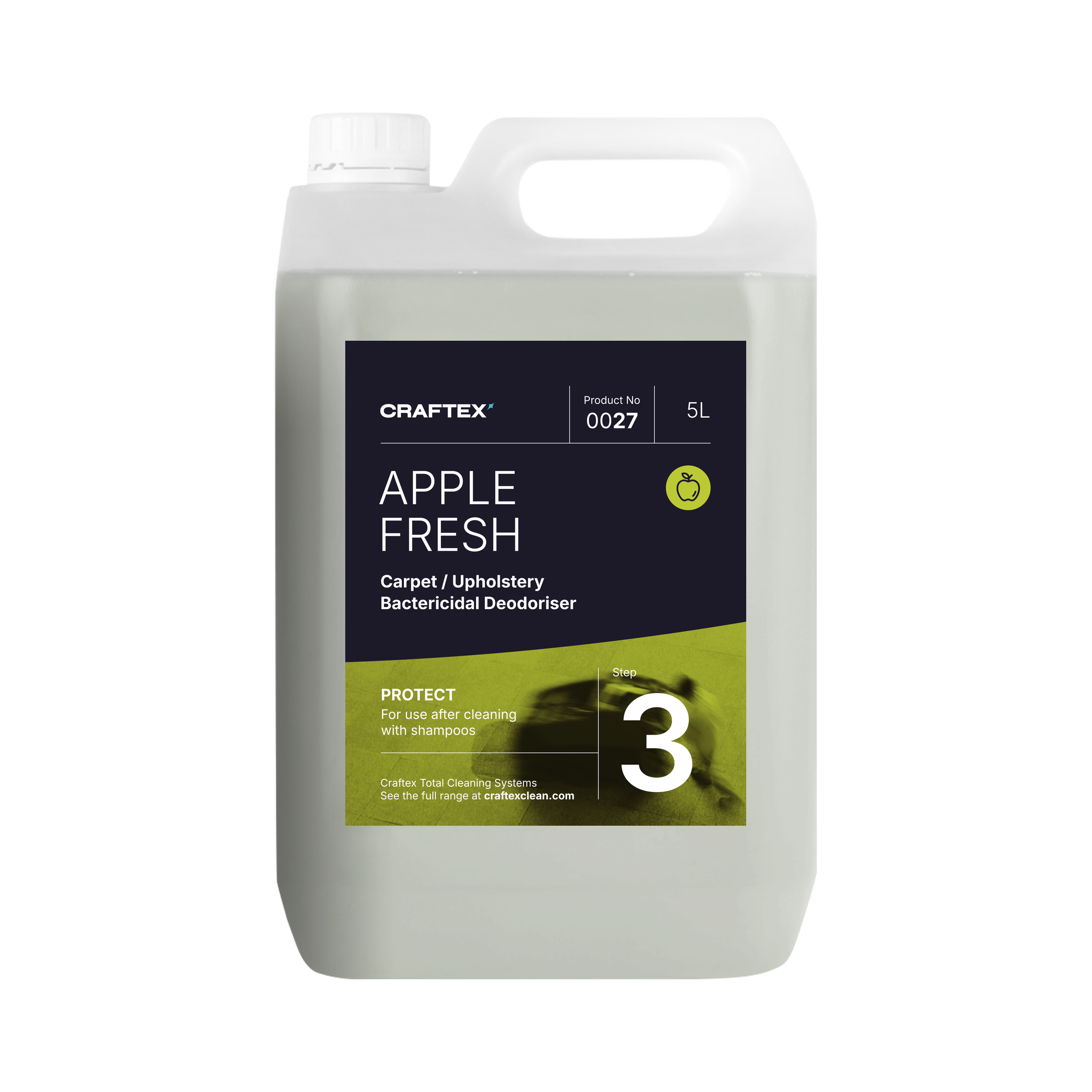 A large white container labeled 'Apple Fresh' Bactericidal Deodoriser for carpet and upholstery cleaning, with a 'protect' instruction for use after shampooing, and a step number 3 on the label.