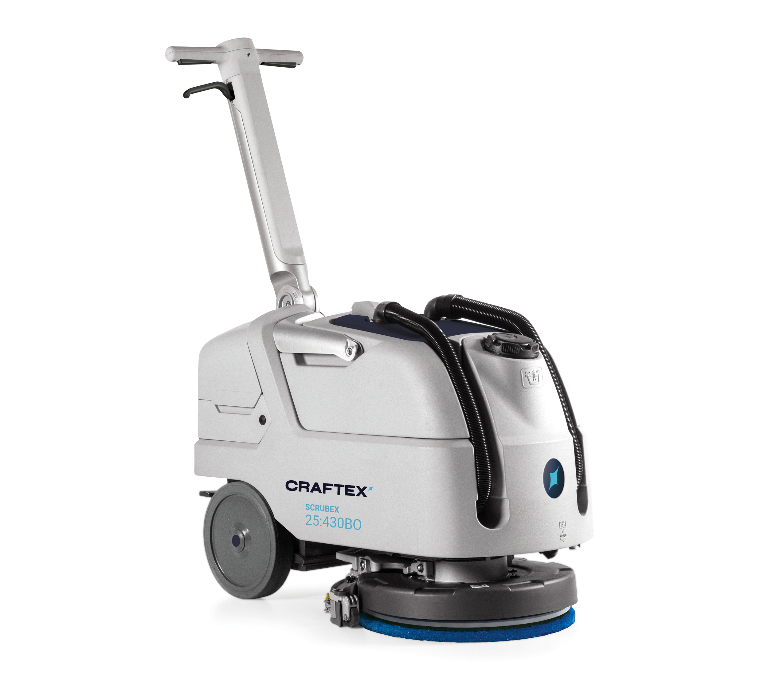Commercial floor cleaning machine with brushes, hose attachments, and controls.