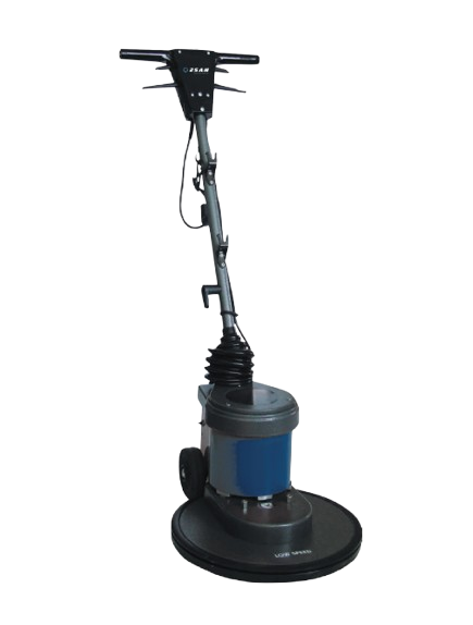 Commercial floor cleaning machine with a blue and black body, a long handle, and large round scrubber pad at the base.