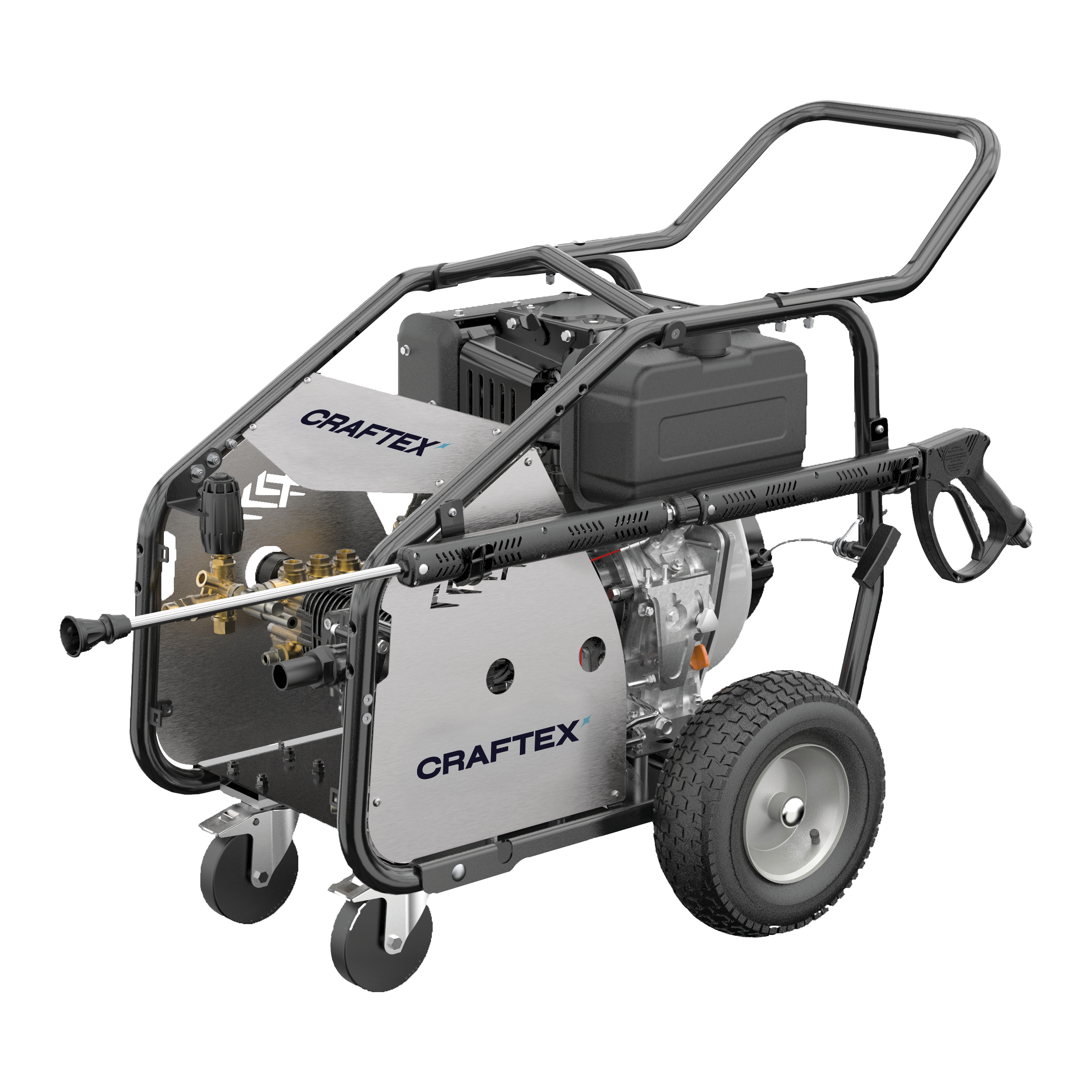 Electric pressure washer with metal frame, wheels, and spray gun, branded Craftex.
