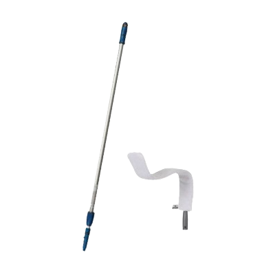 A reacher grabber tool with blue accents and a white plastic grabber head.