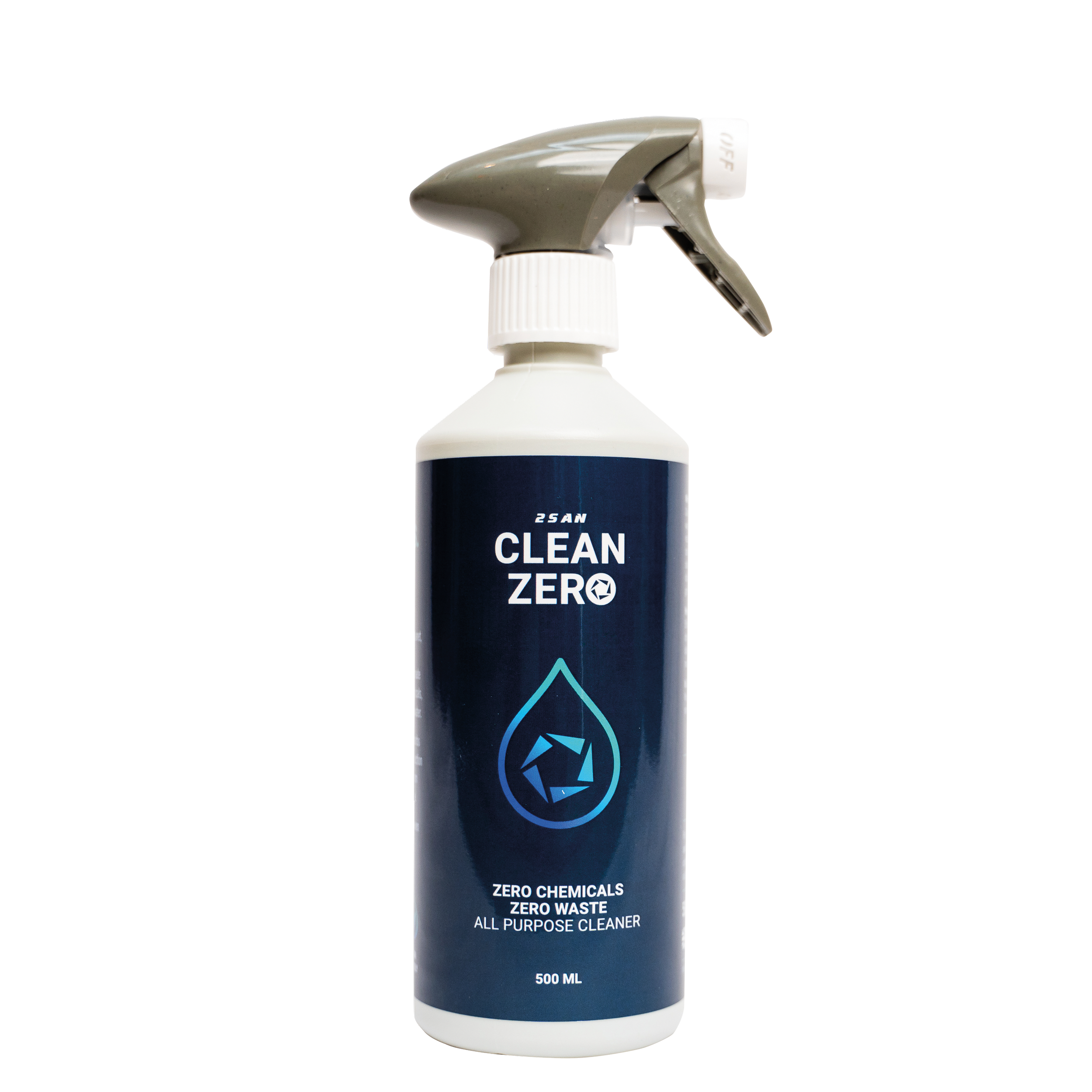 A spray bottle labeled 'Clean Zero' with the description 'Zero Chemicals, Zero Waste, All Purpose Cleaner'. The bottle is white with a blue label and a silver spray nozzle.