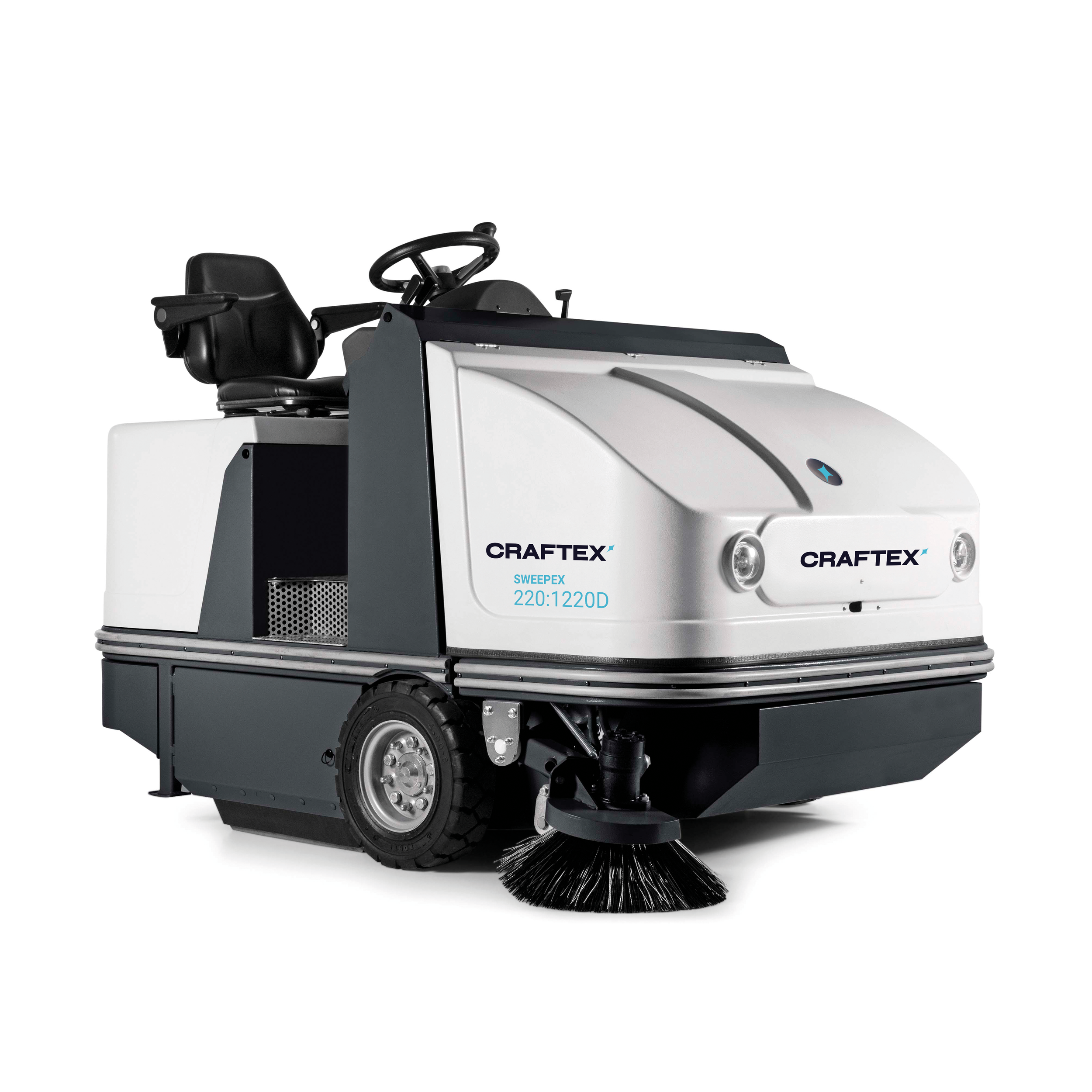 Automated street sweeper vehicle labeled Craftex Sweepex 220:1220D, with a black seat, steering wheel, and rotating brushes underneath.