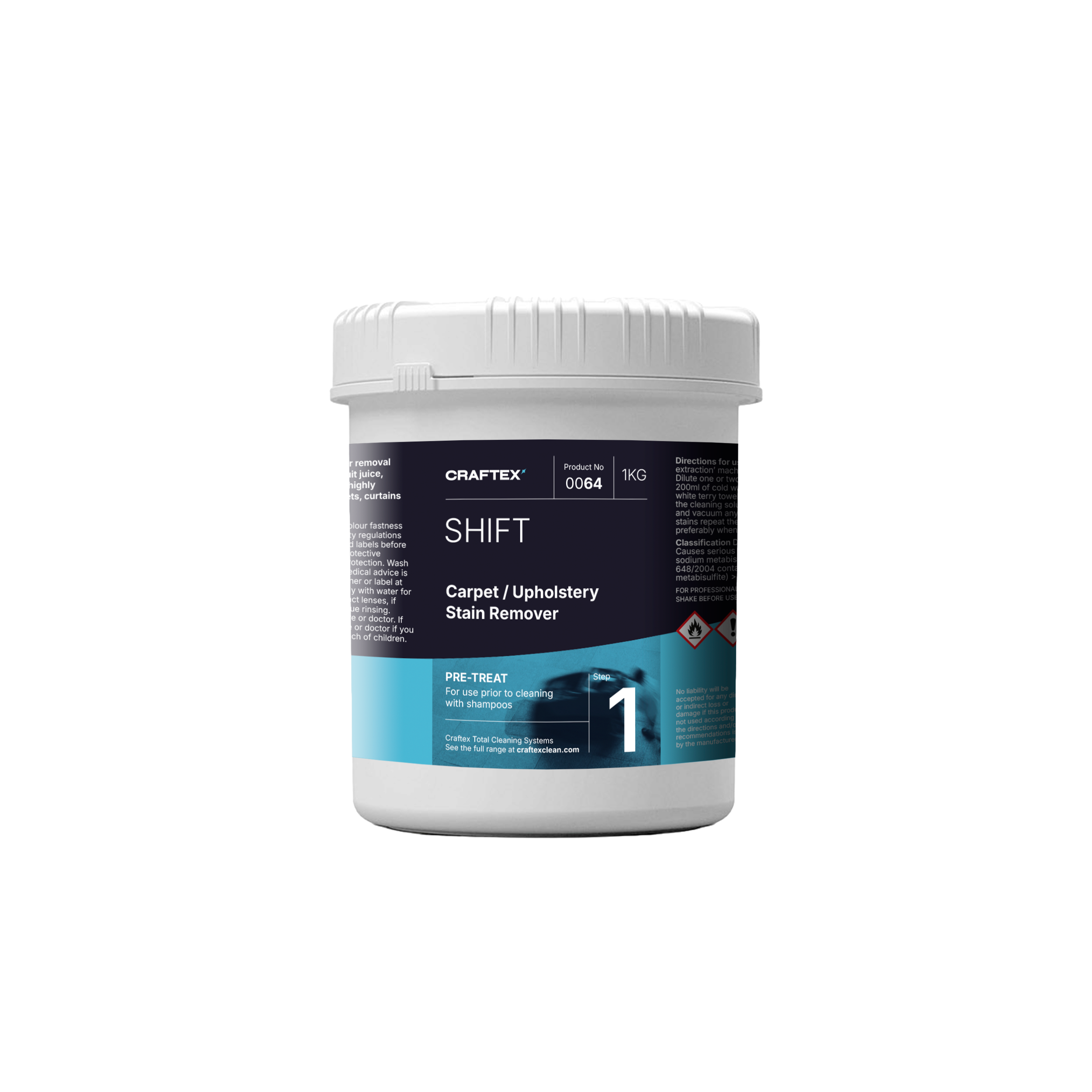 Container of Craftex Shift carpet and upholstery stain remover with a blue label and white lid, partially visible against a black background.