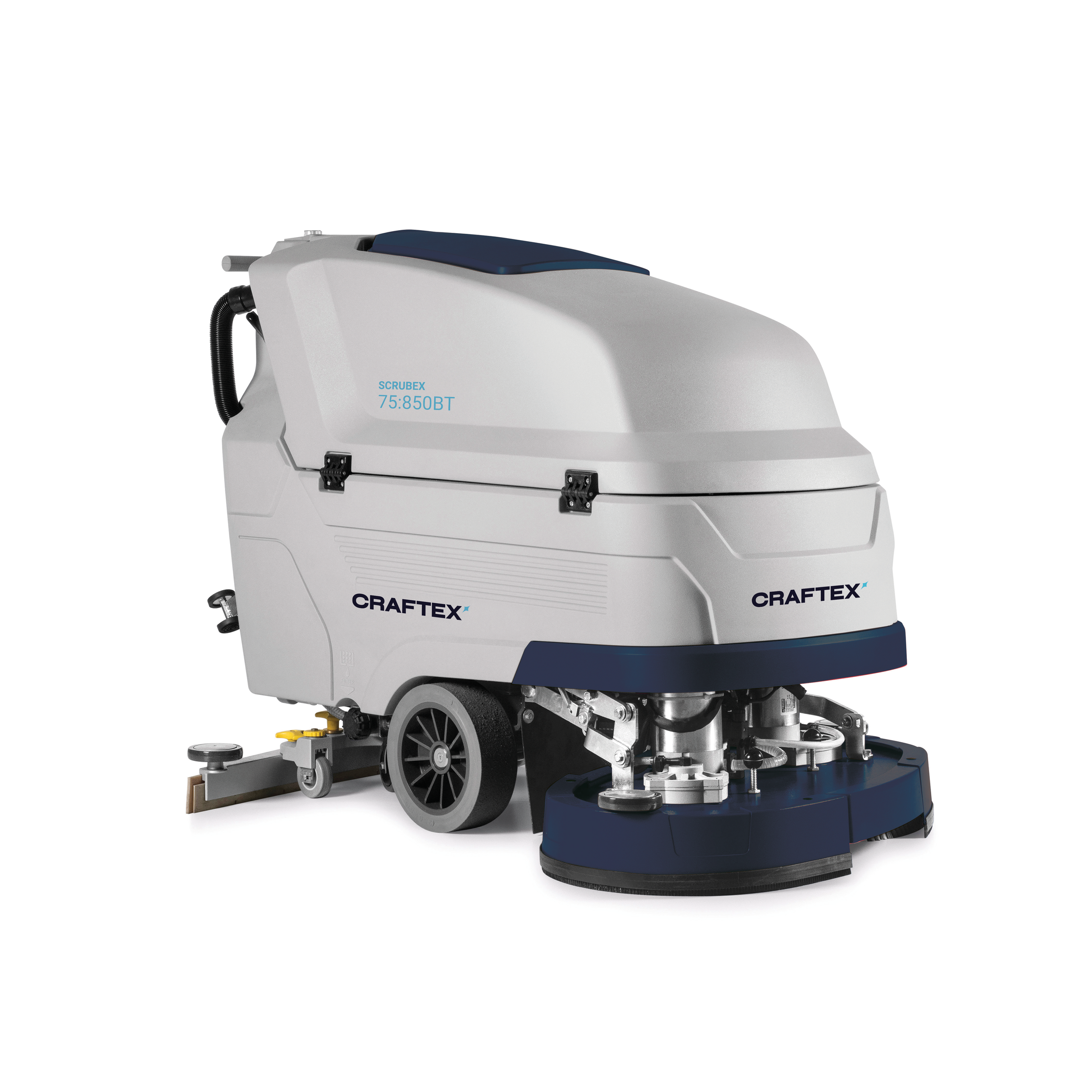 Commercial floor cleaning machine with a white and dark blue body, wheels, and cleaning brushes at the front, labeled with CRAFEX and SCRUBEX.