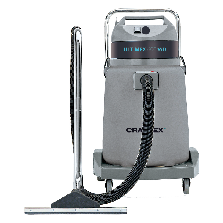 A large industrial vacuum cleaner with a gray body, black hose, and a clear plastic handle, labeled 'ULTIMEX 600:WD' and 'CRAFTRONIX.'