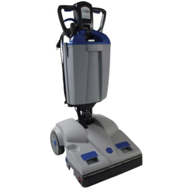 An industrial floor cleaning machine with a blue and gray body, large wheels, and a handlebar for operation.