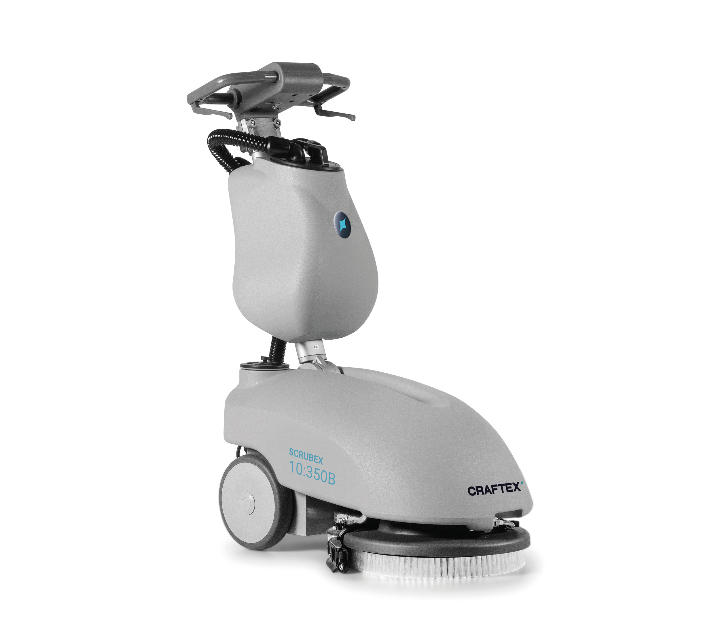 Automated floor scrubber machine with gray body, black wheels, and a circular scrubbing brush on the front.