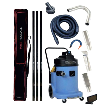 A collection of cleaning equipment including a vacuum cleaner, hoses, nozzle attachments, and a mop.
