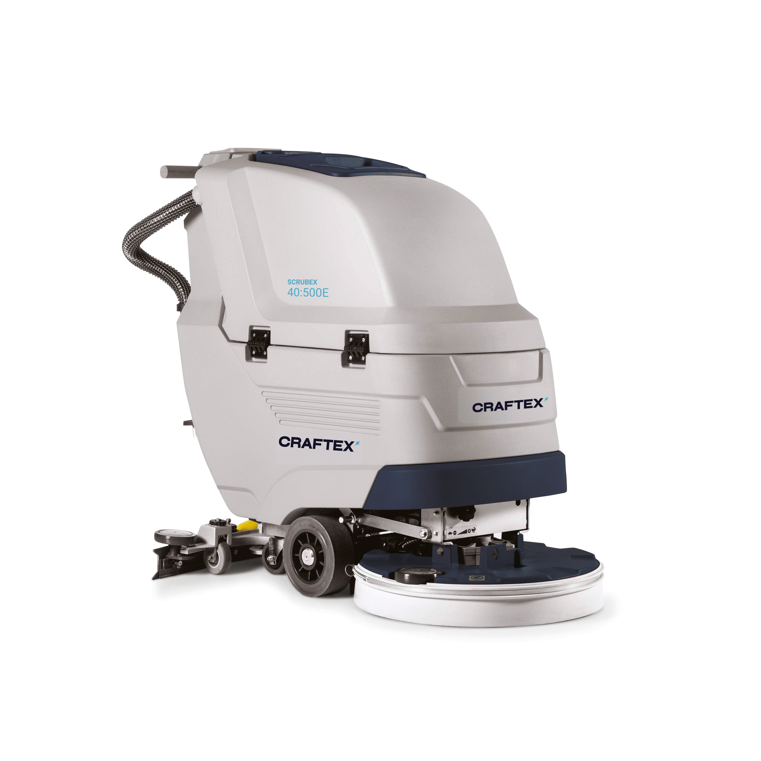 Commercial floor cleaning machine with a white and blue body, labeled 'Craftex,' equipped with a rectangular cleaning pad at the bottom and control panel on top.