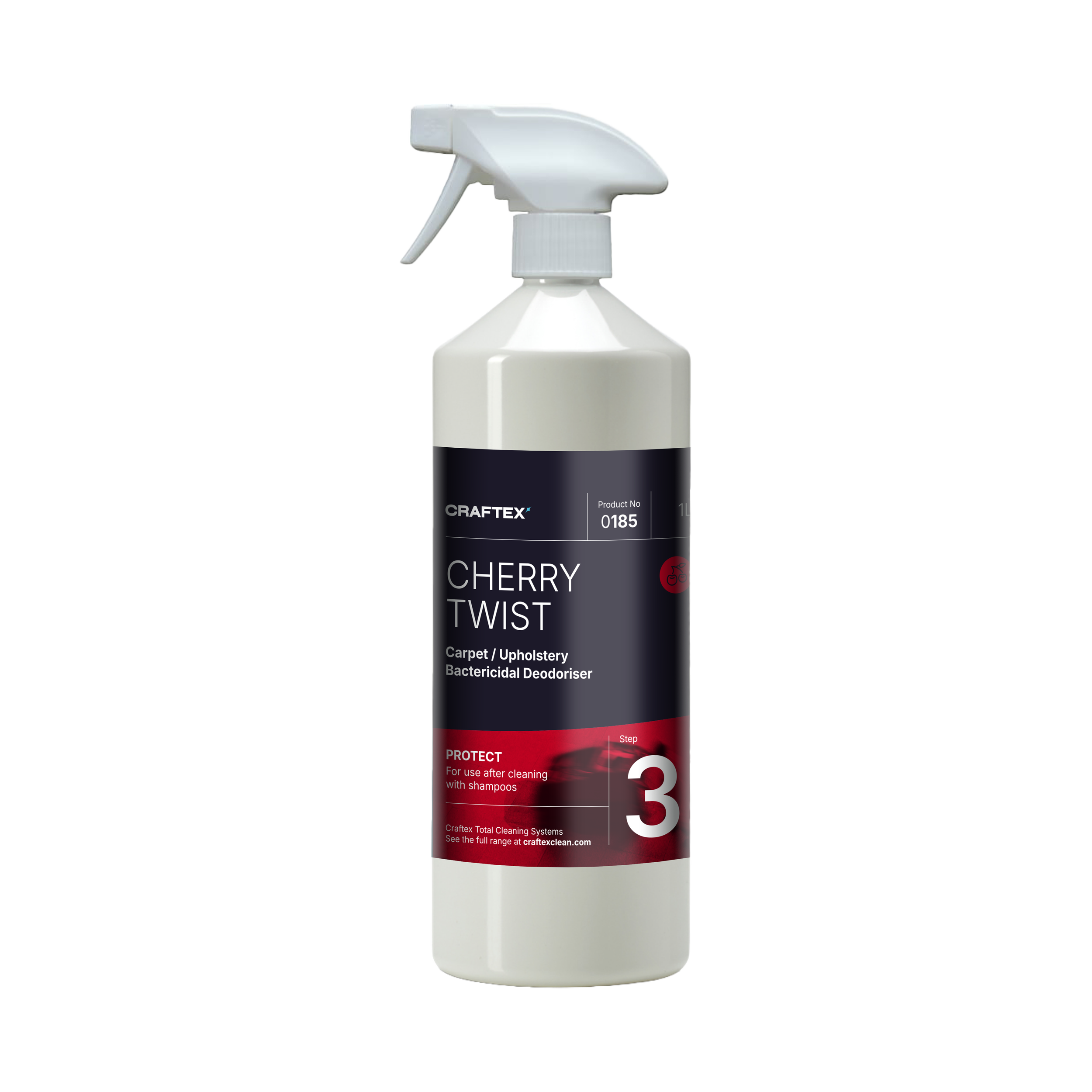 A white spray bottle labeled Craftex Cherry Twist carpet upholstery bacterial deodorizer with a trigger spray nozzle.