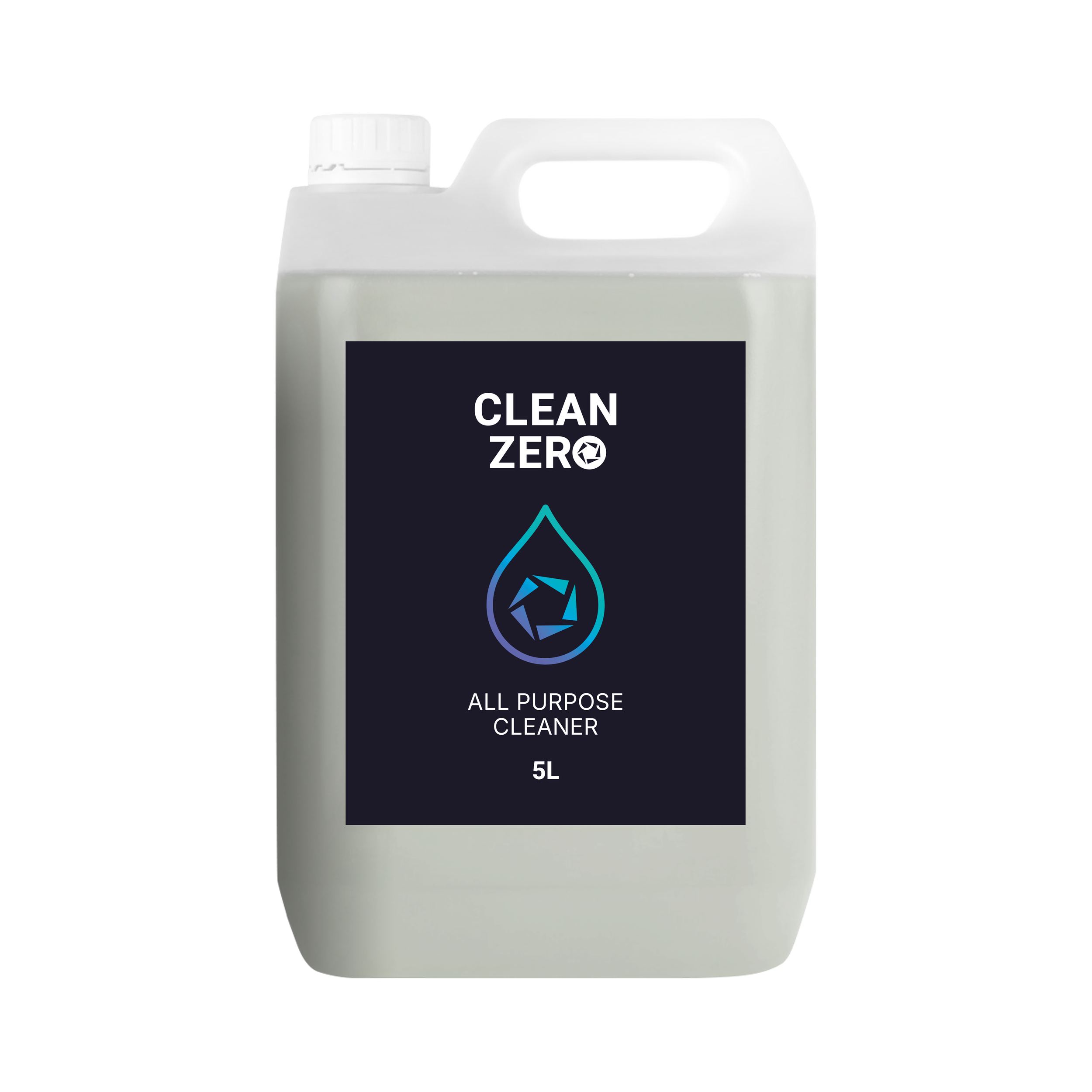 A 5-liter container of Clean Zero All Purpose Cleaner with a dark label featuring a water droplet and the product name.