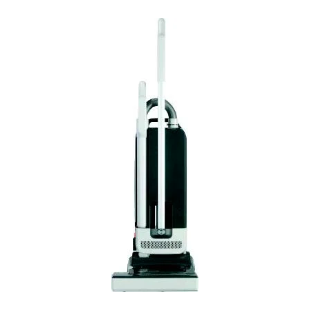 A cordless stick vacuum cleaner with a black and white color scheme standing upright.