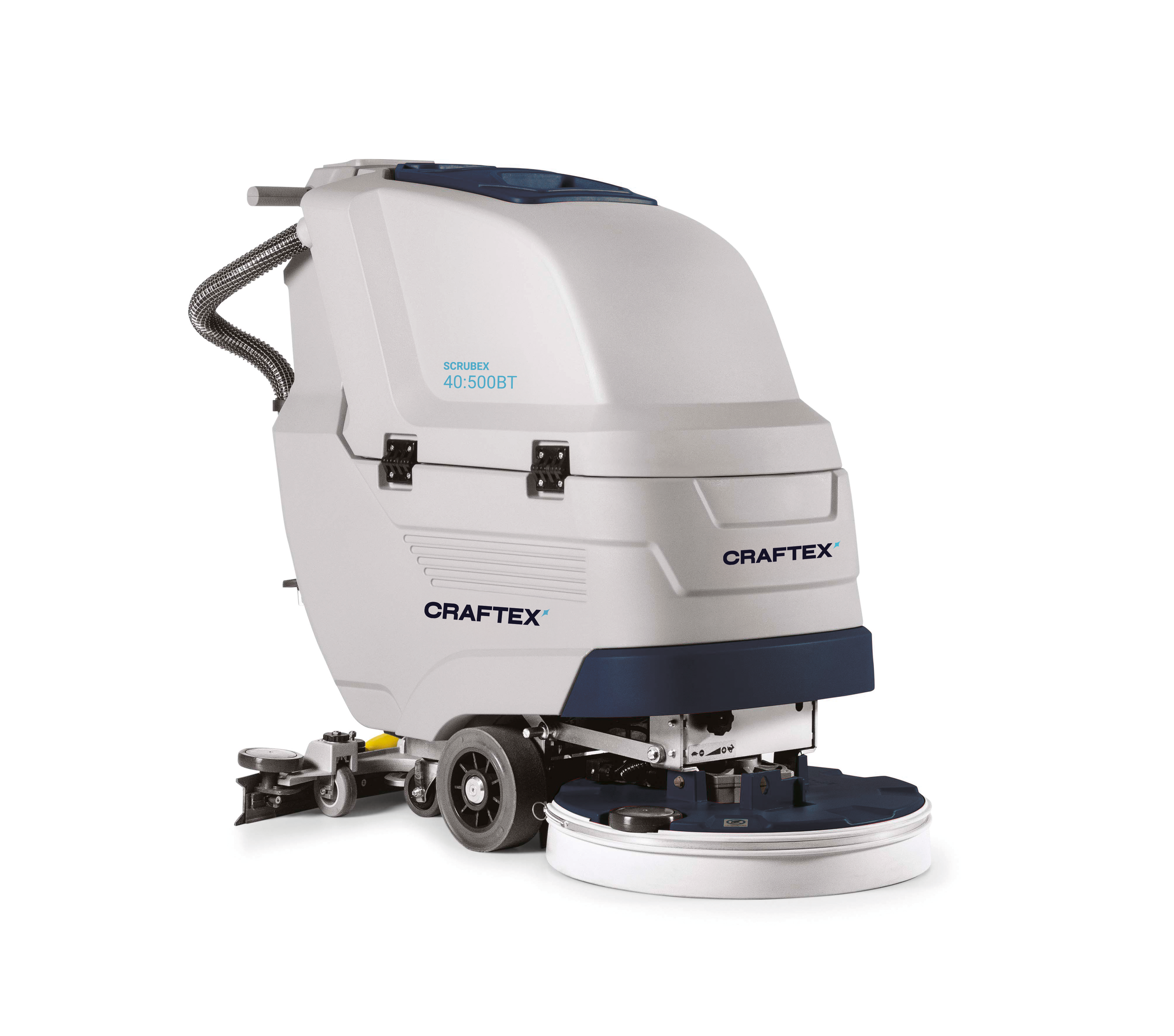 Commercial floor cleaning machine with brand 'Craftex' and model '40:500BT' in white and blue.