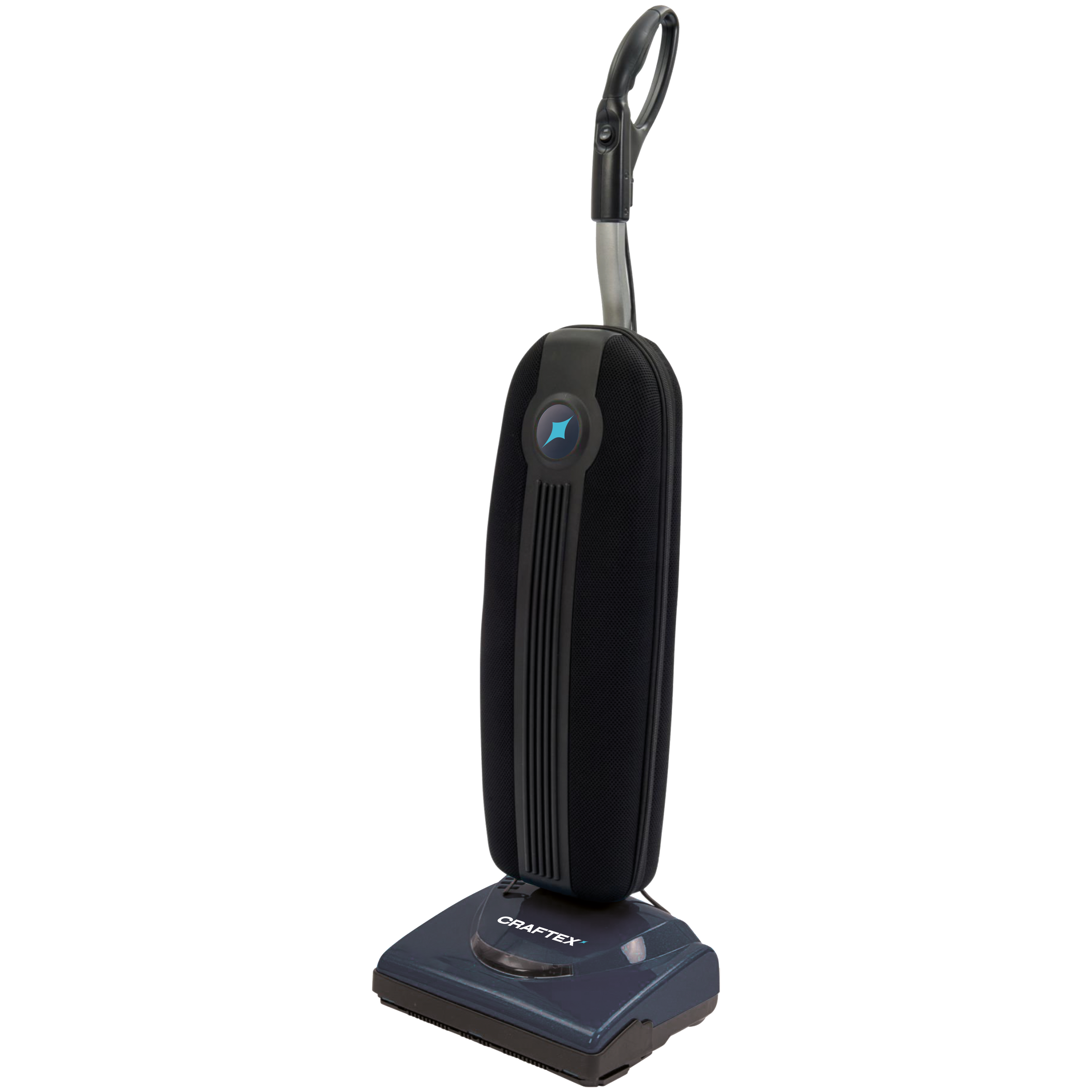 Black upright vacuum cleaner with a blue logo on the front, standing on a black base with the brand name 'CRAFTEX'.