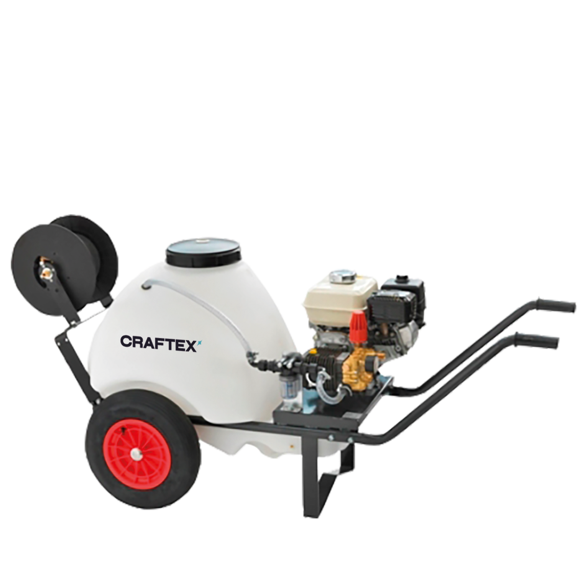 Gas-powered pressure washer with a white tank, black hose reel, and red wheels.