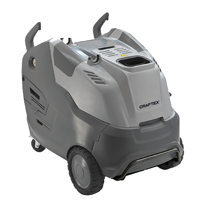 Grey industrial cleaning machine with wheels and handles, labeled CRAFTEX.