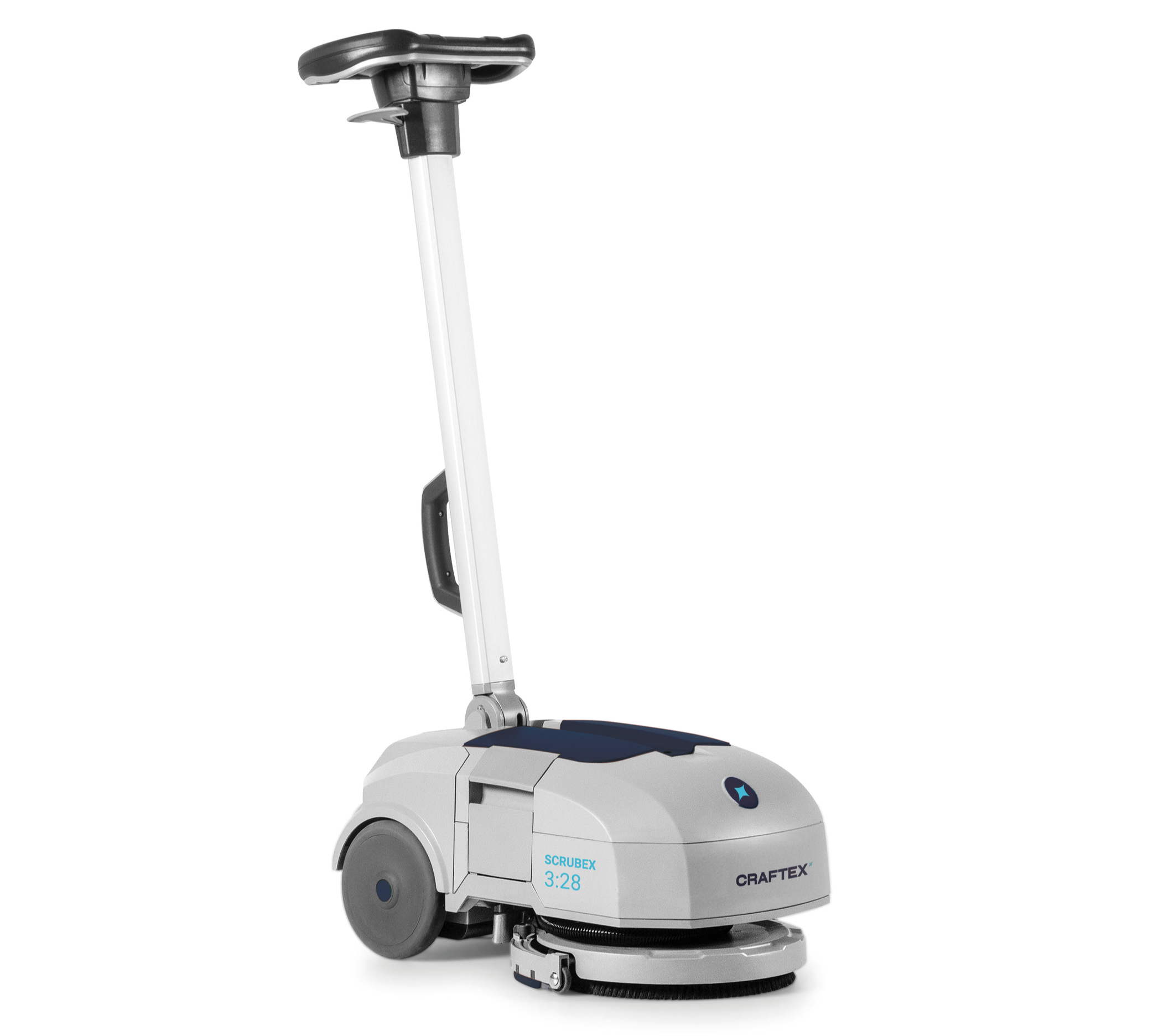 Autonomous floor cleaning robot with a white body, gray wheels, and a black cleaning pad, labeled 'SCRUBEX 3:28,' designed for industrial or commercial cleaning.