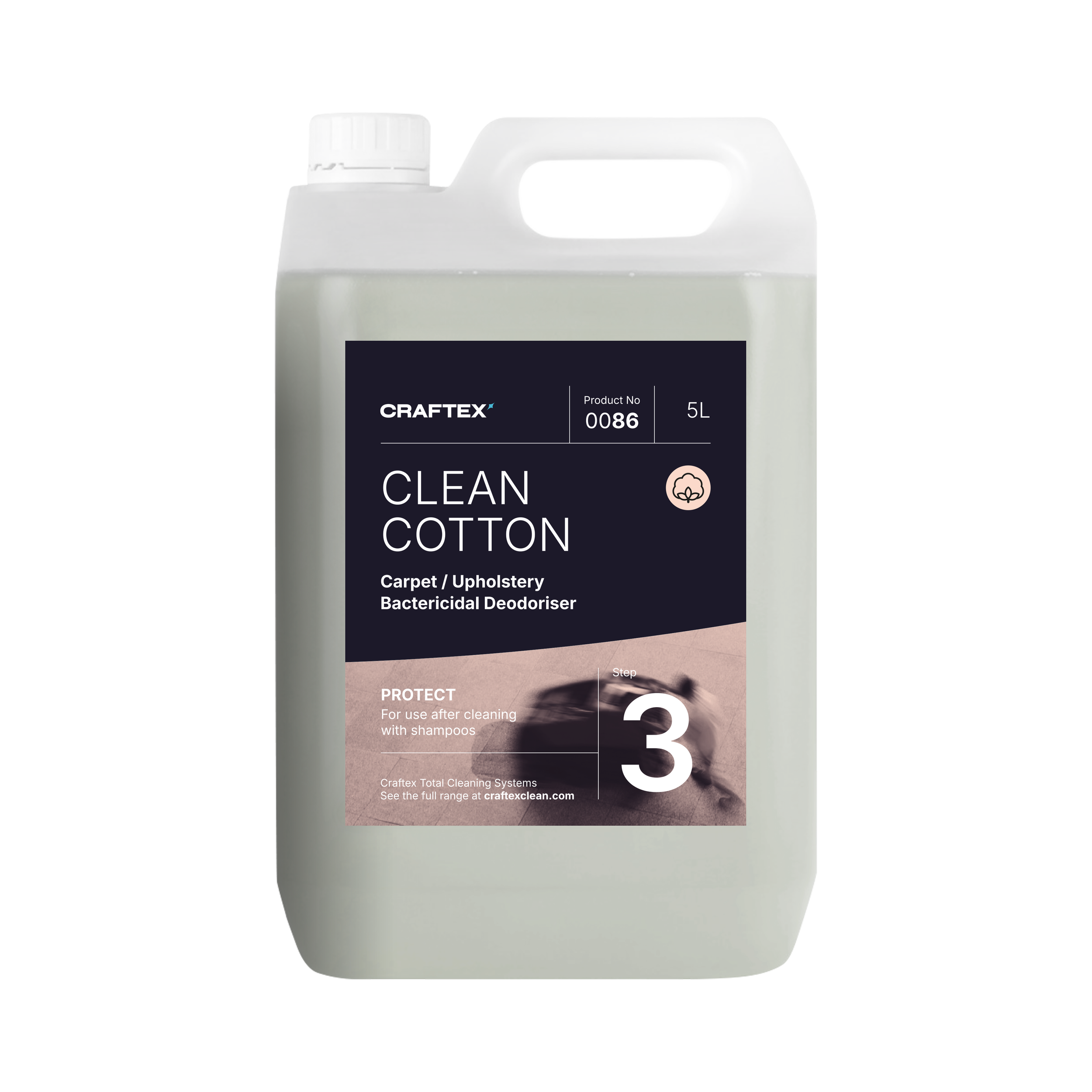 A 5-liter container of Craftex Clean Cotton carpet and upholstery bactericidal deodoriser with a black label, pink and beige accents, and a handle at the top.