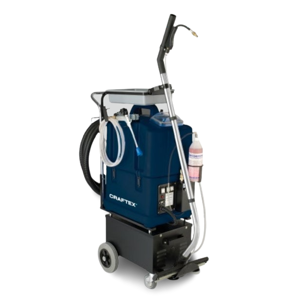 Portable cleaning machine with hoses, a spray bottle, and a handle, labeled Craftex.