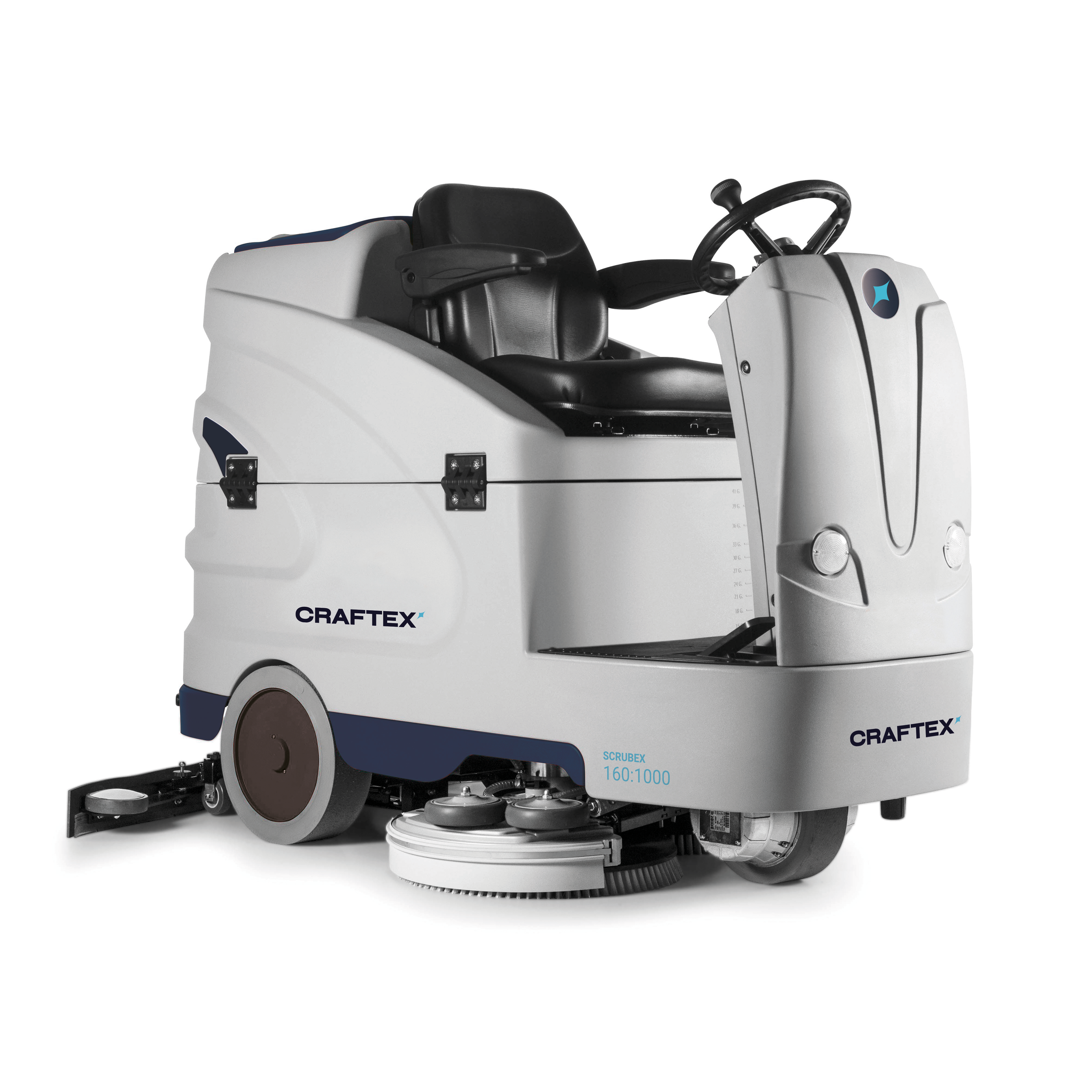 Autonomous floor cleaning robot with a seat, steering wheel, and scrubbing brushes beneath, labeled Craftex Scrubex 160:1000.