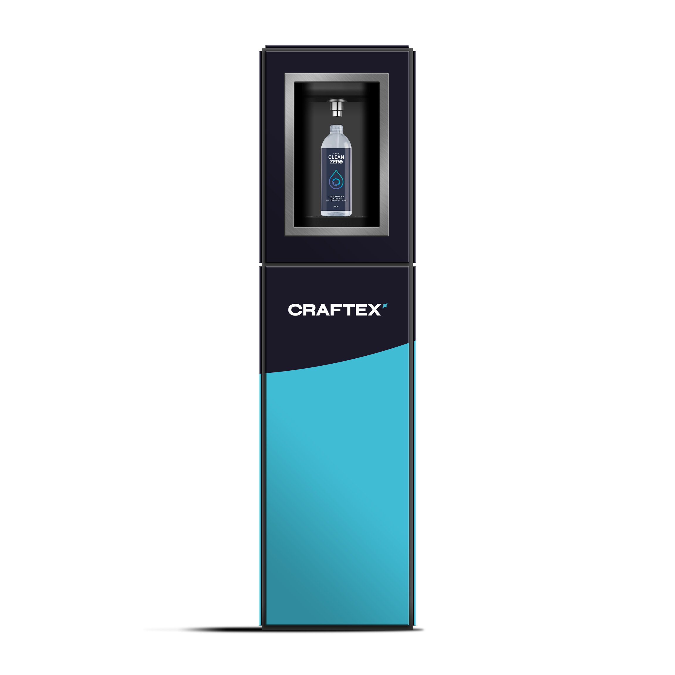 A vending machine with a bottle of Craftex cleaning solution and a display window.