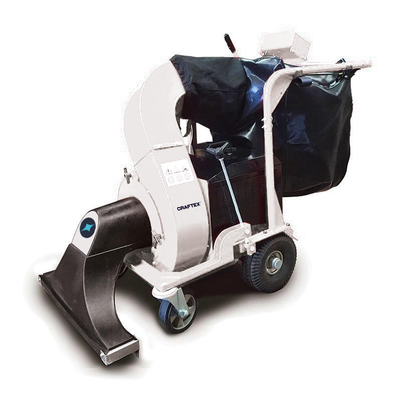 Automated snow removal machine with a large snowblower attachment, a black bag, and a control panel on a mobile cart with wheels.