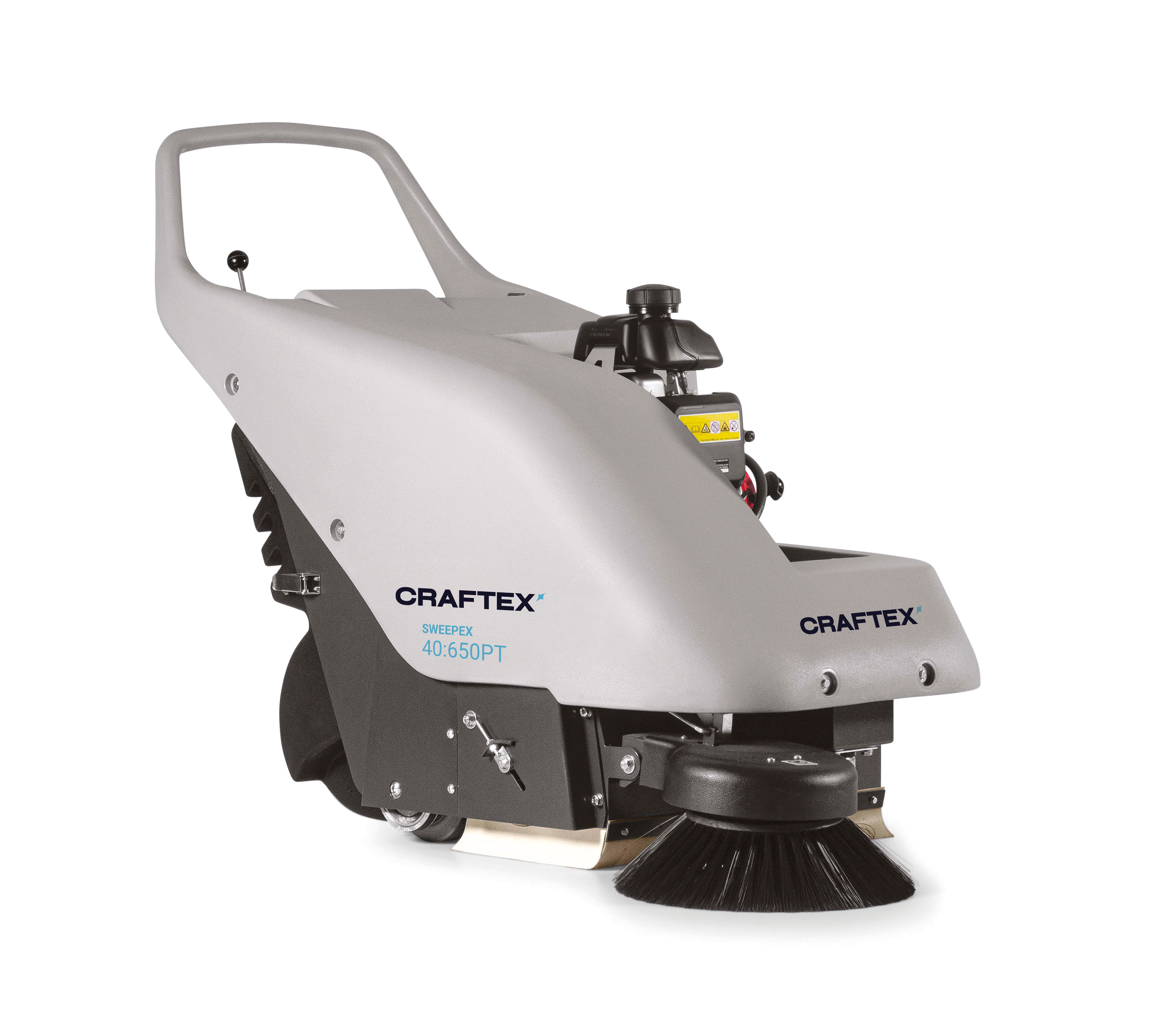 A ride-on floor sweeper machine labeled 'CRAFTEX' with a large rotating brush at the front.