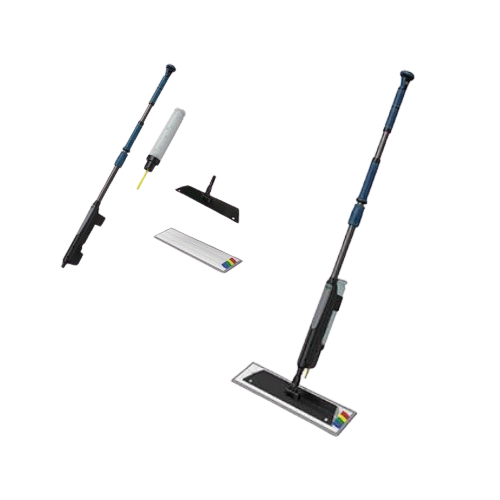 Two robotic vacuum cleaners with long arms and flat bases, positioned diagonally and facing opposite directions.