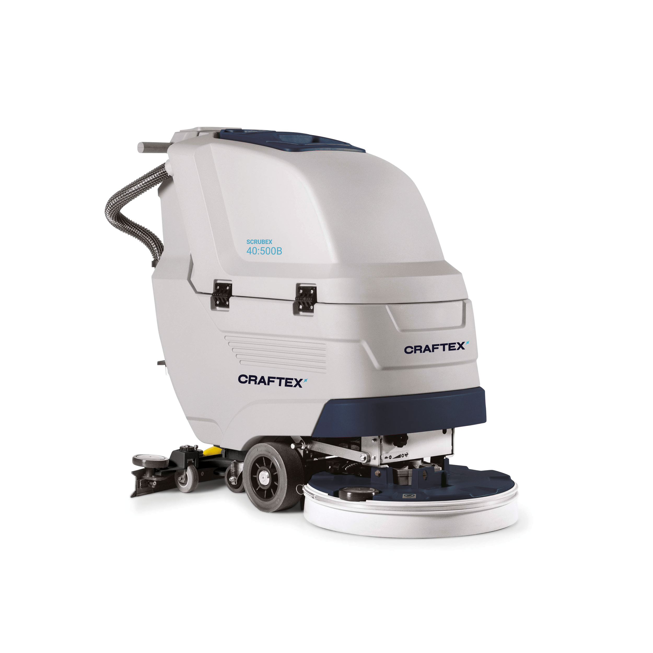 Commercial floor cleaning scrubber with white and blue body, labeled Craftex, and a circular cleaning pad at the bottom.