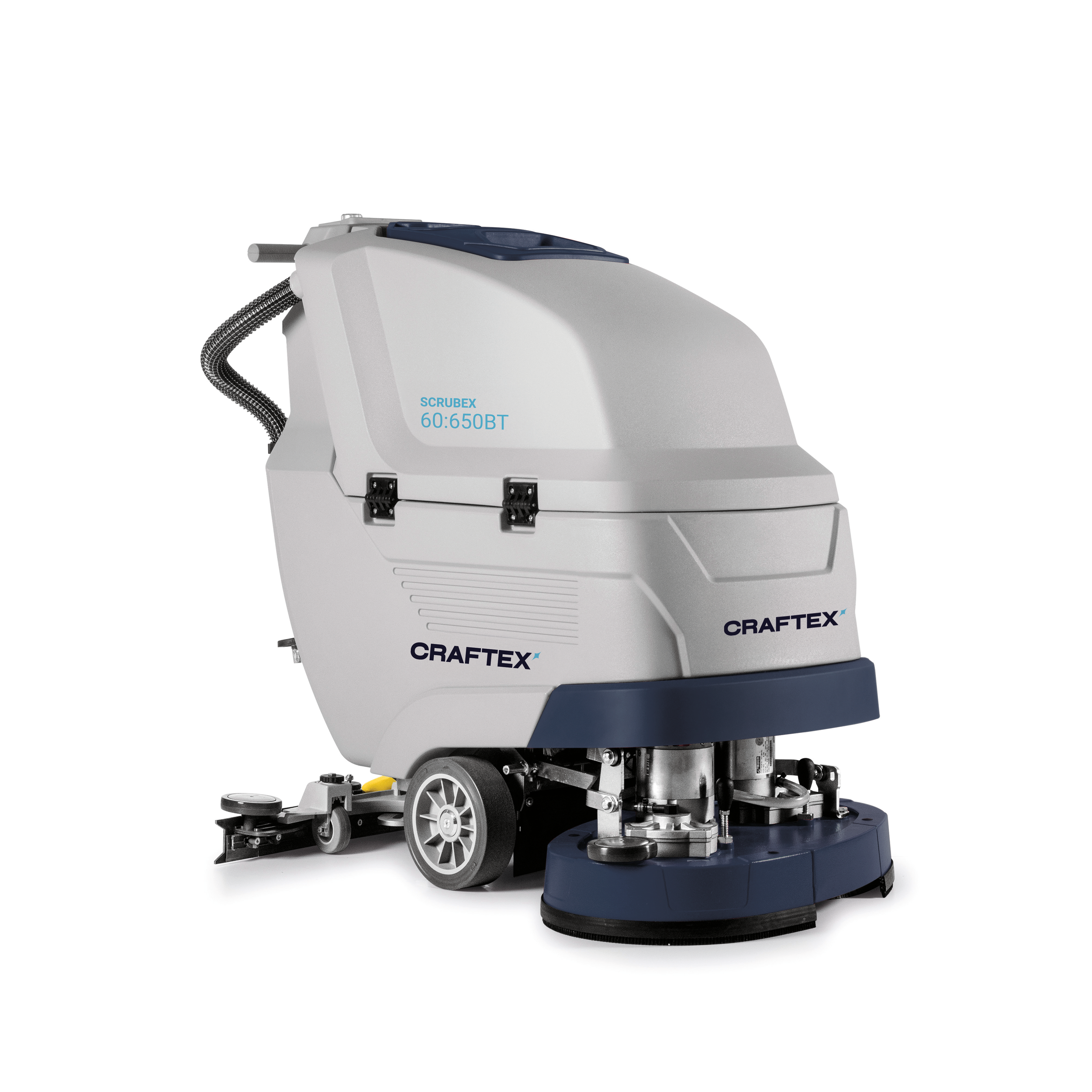 Industrial floor cleaning machine with gray and blue exterior, labeled Craftex SCRUBEX 60:650BT.