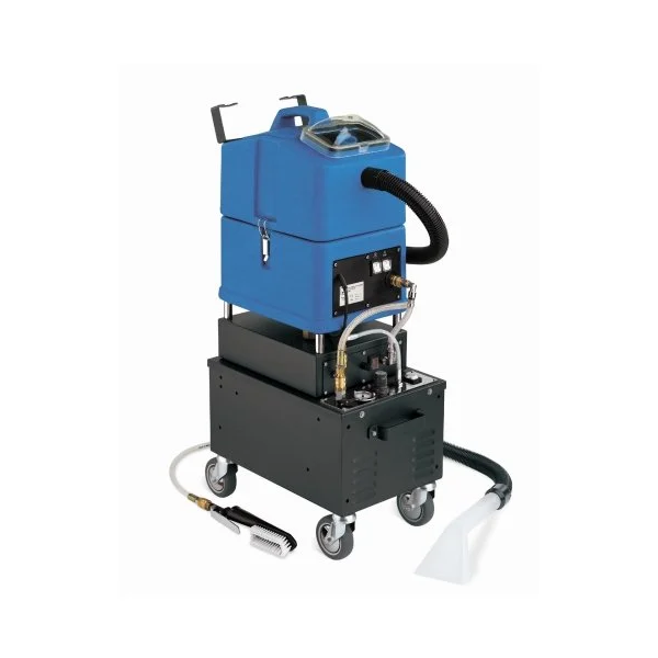 A portable industrial fogging machine with a blue upper tank, black lower base, and wheels for mobility.