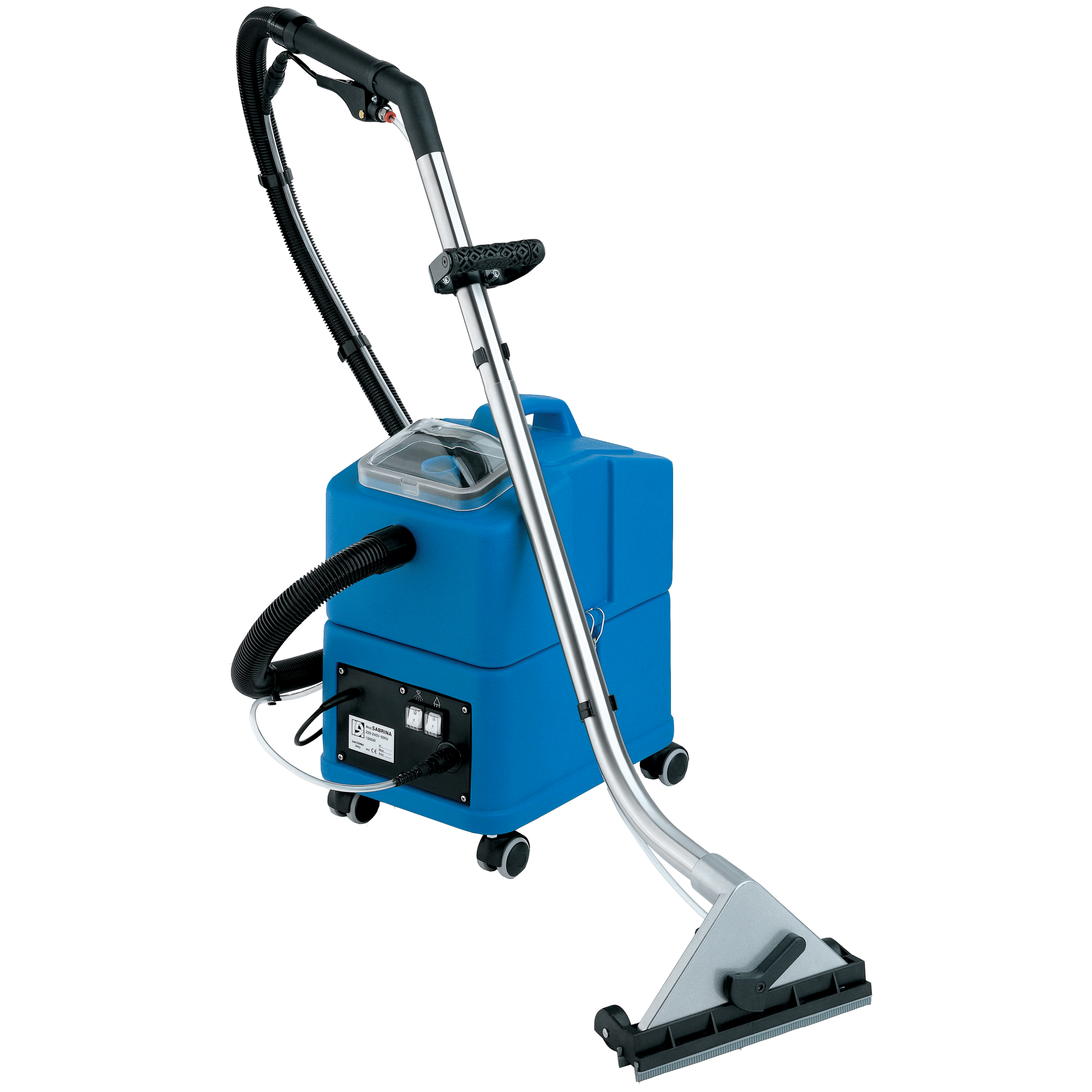 Blue commercial carpet cleaning machine with a vacuum hose and metal wand.