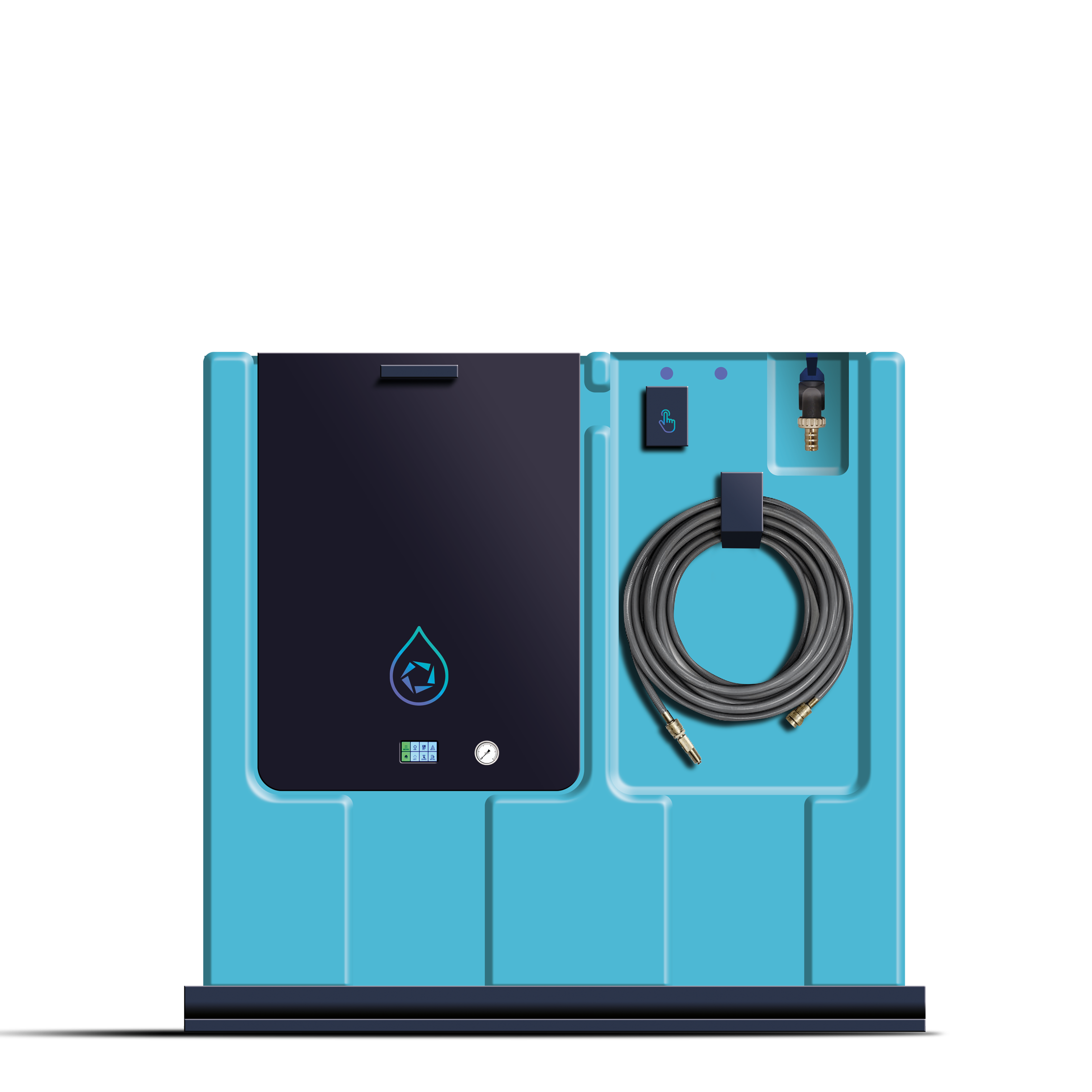 Blue and black water pump with control panel, coiled hose, and connection fittings.