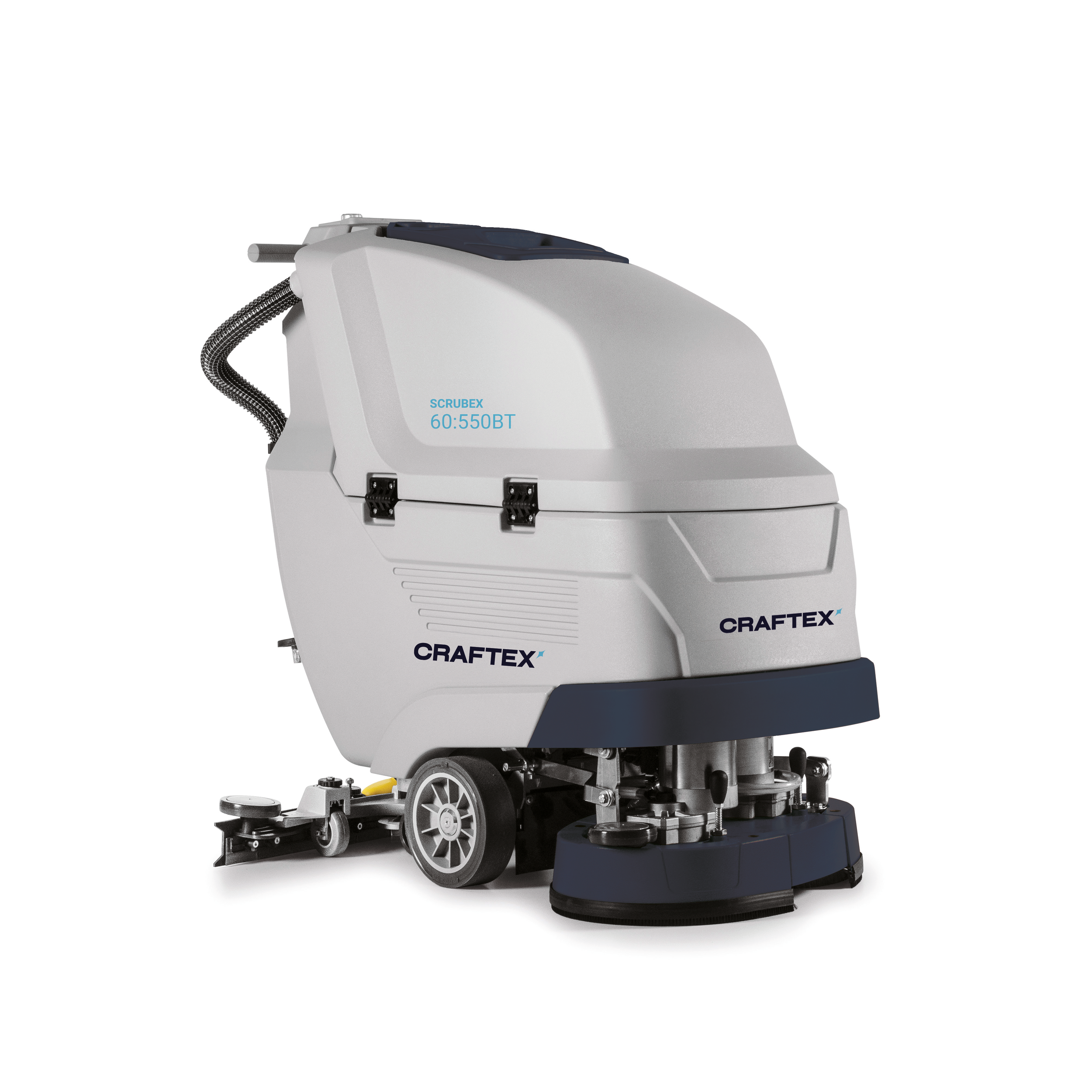 Commercial floor cleaning machine with a white body, black base, and wheels, labeled 'Craftex' and 'Scrubex 60:550BT'.