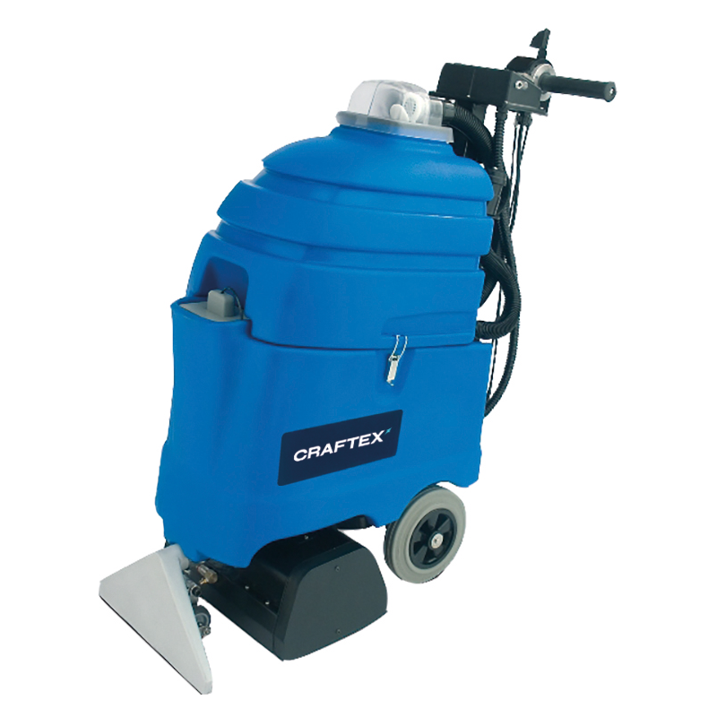 A blue industrial cleaning machine with wheels, a hose, and a cleaning head attachment, branded with 'CRAFtex'.